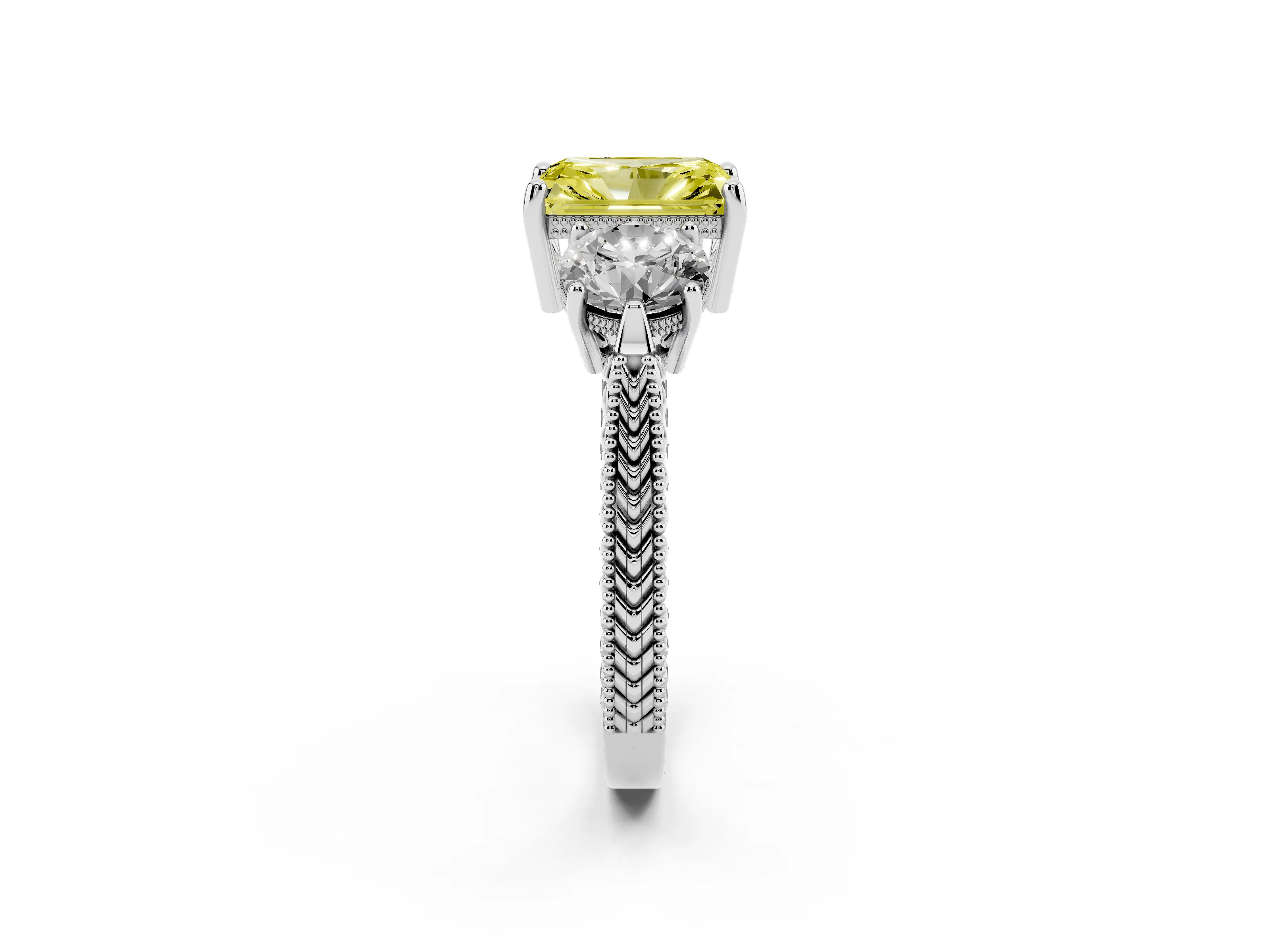 Fancy Yellow Radiant Cut Diamond Three-Stone Ring Set in Silver with Milgrain Band