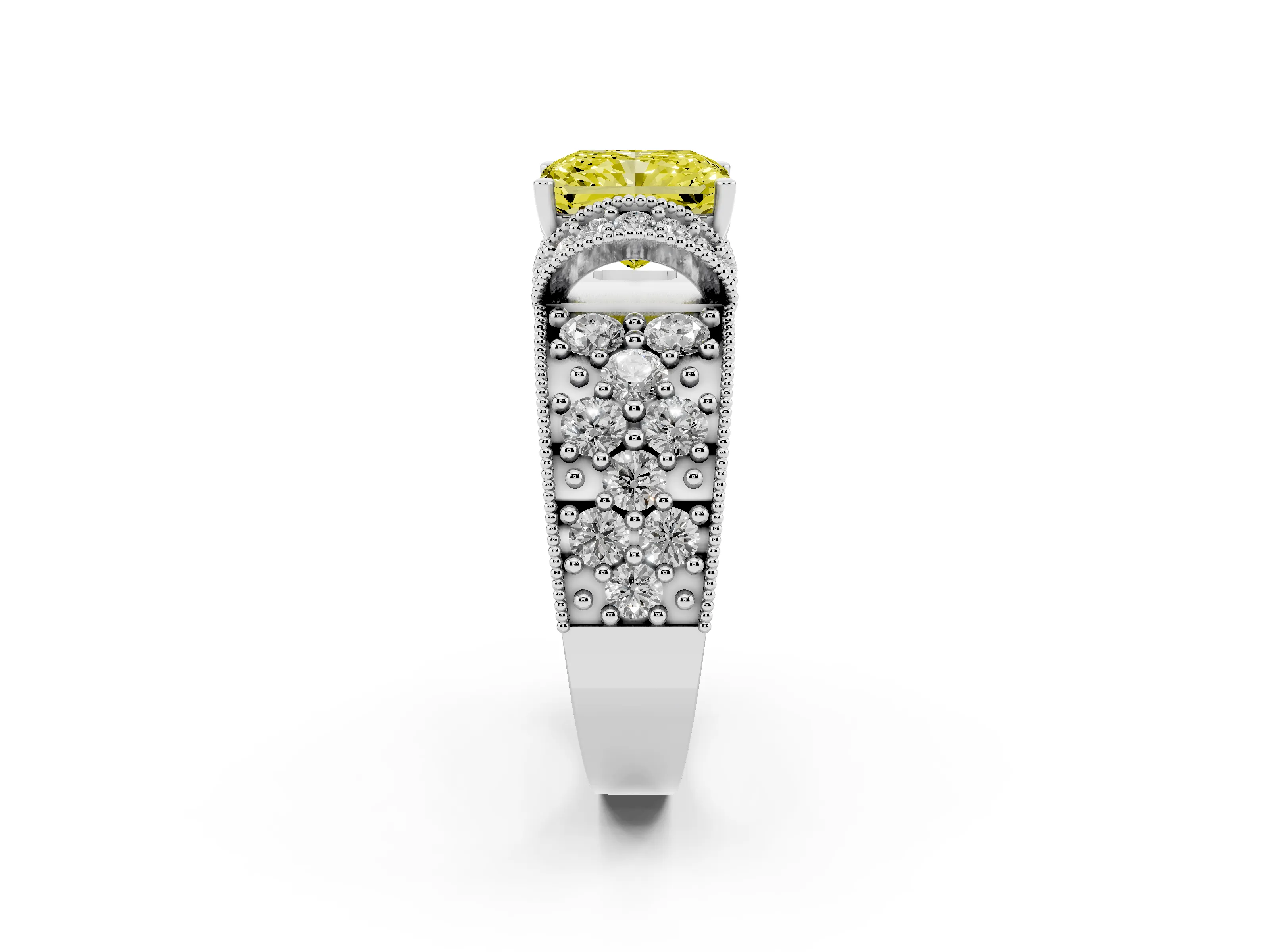 Fancy Yellow Radiant Cut Diamond Milgrain Halo Pavé Engagement Ring Set in White gold with Prong Setting