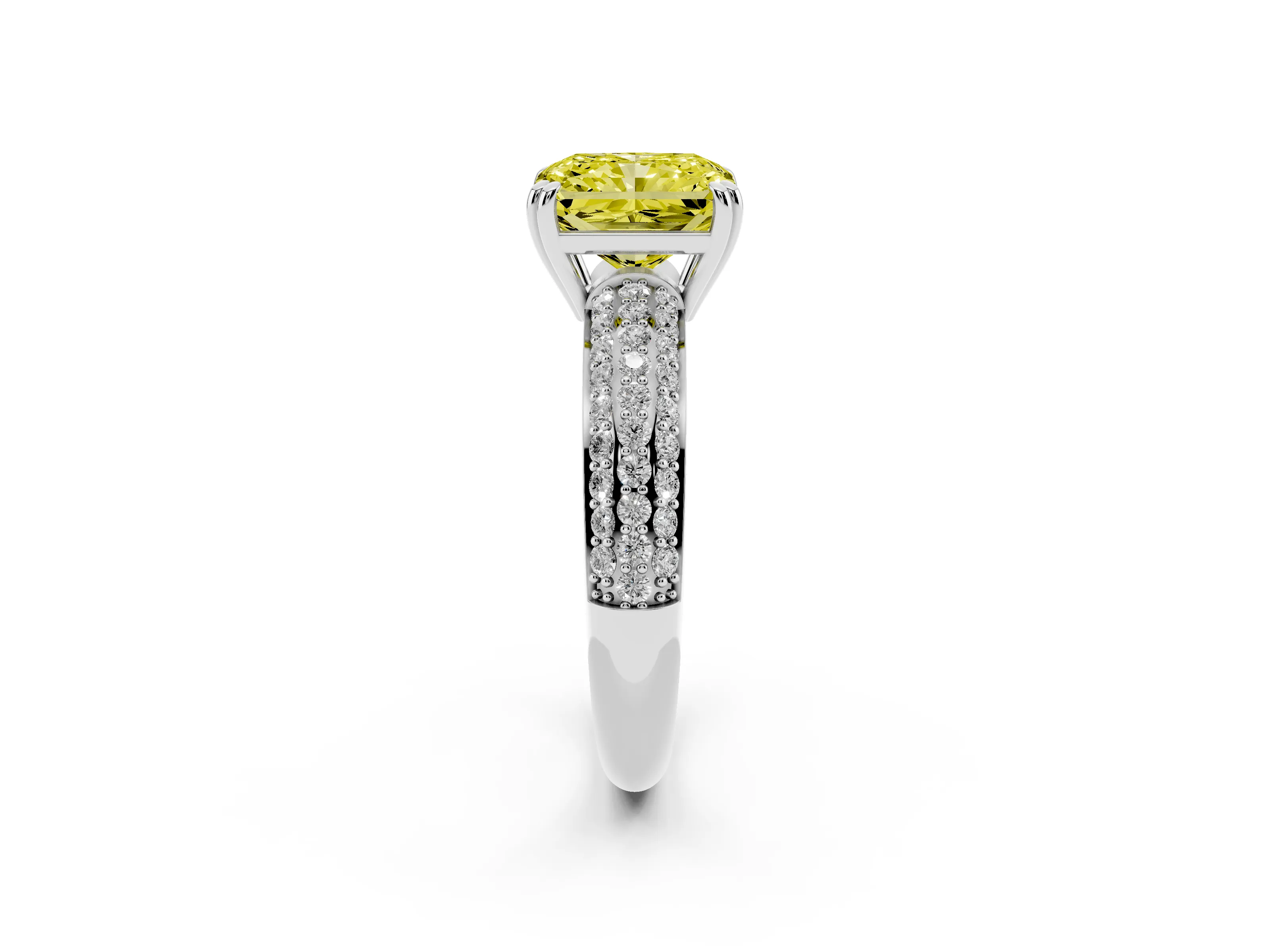 Fancy Yellow Radiant Cut Diamond Solitaire Ring Set in Platinum with Multi-Row Round Pavé Band and Prong Setting