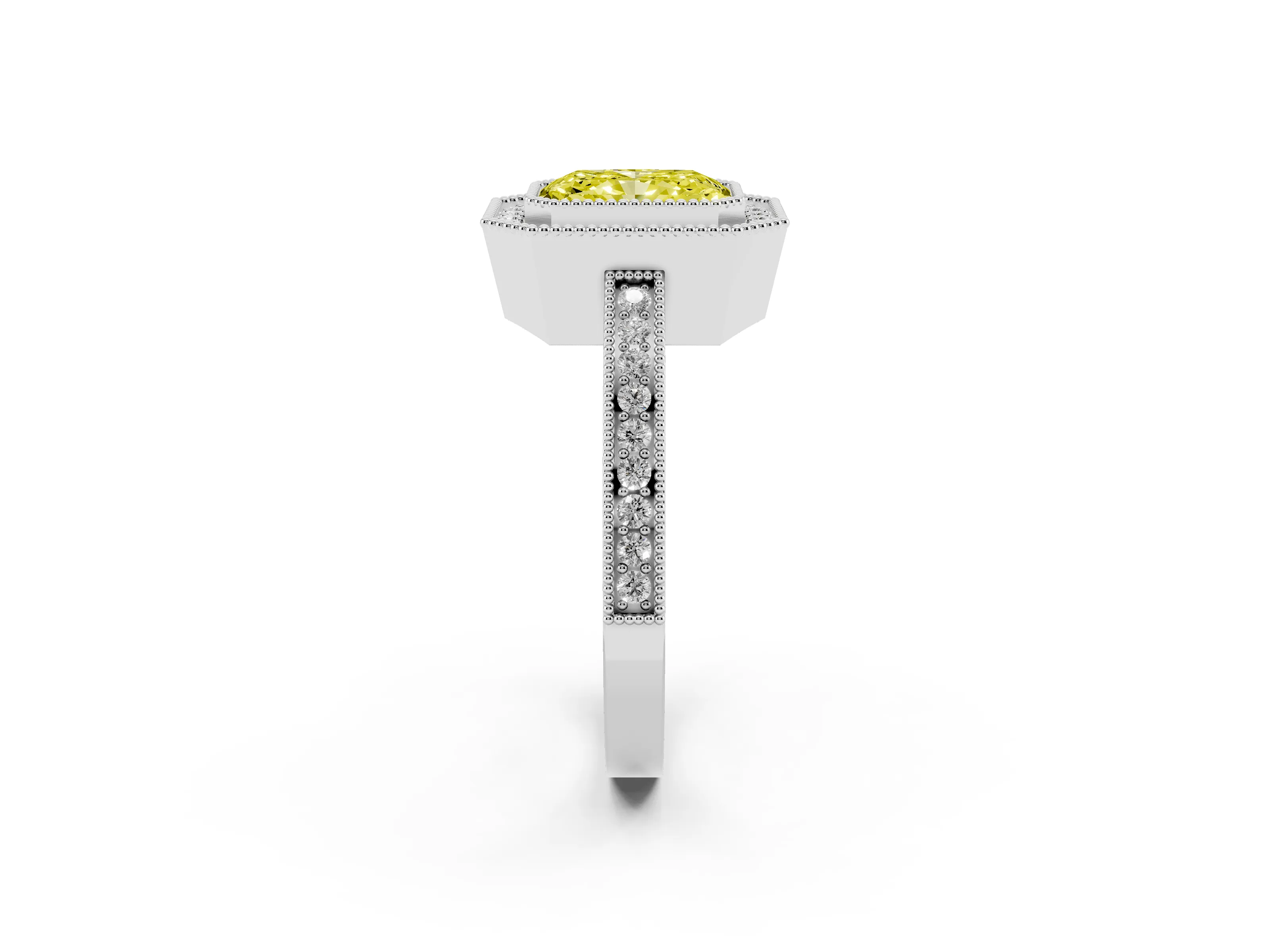 Fancy Yellow Radiant Cut Diamond Halo Ring Set in White gold with Pavé Band and Milgrain-Edged Prongs