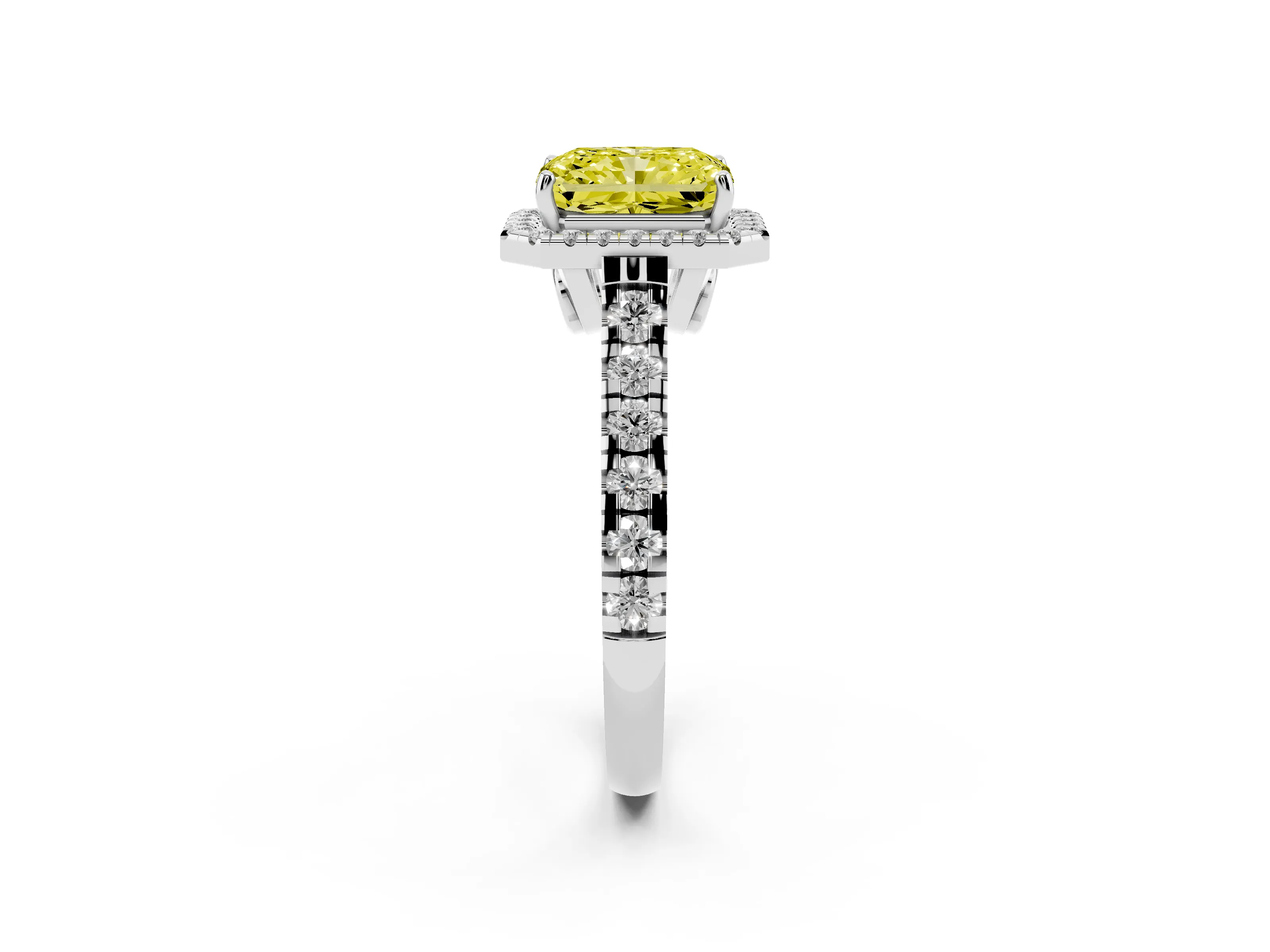 Fancy Yellow Radiant Cut Diamond Halo Engagement Ring Set in White gold with Pavé Band and Prong-Set Center