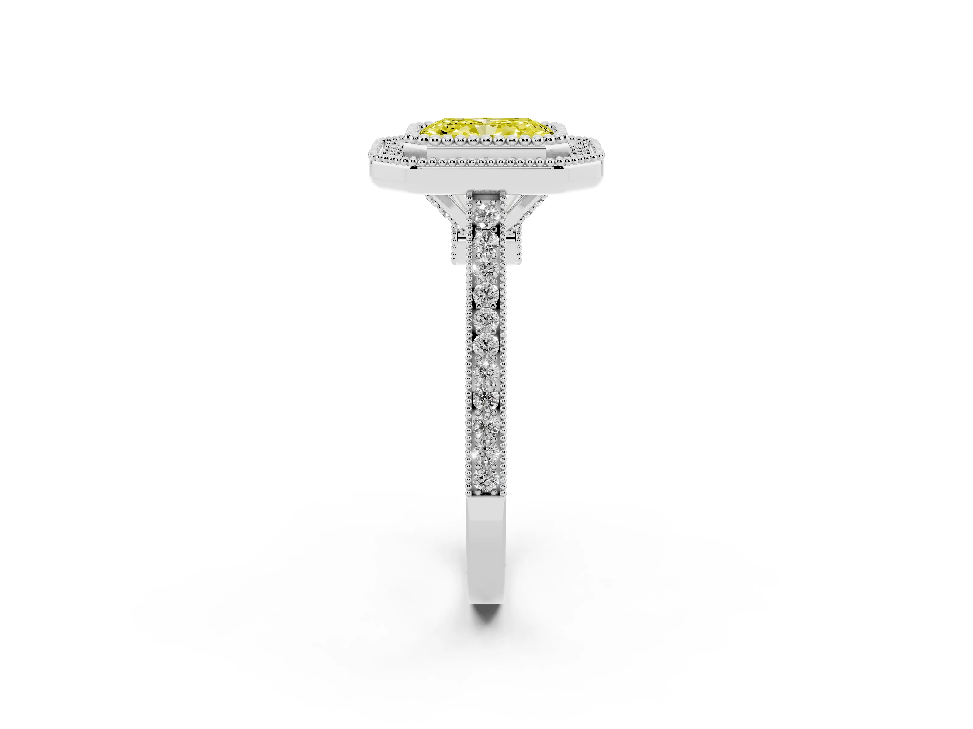 Fancy Yellow Radiant Cut Diamond Halo Ring Set in Silver with Milgrain Frame and Pavé Band