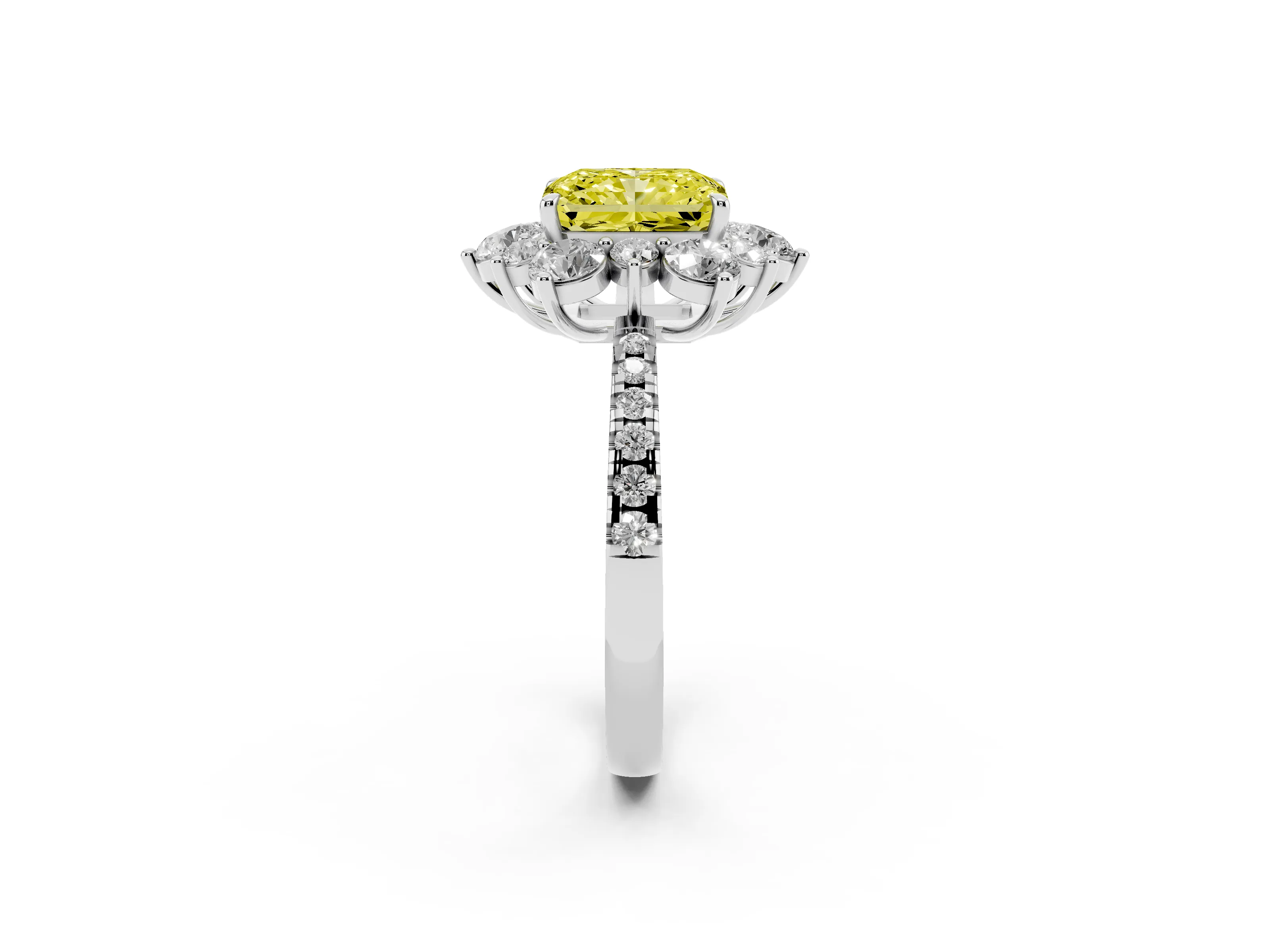 Fancy Yellow Radiant Cut Diamond Floral Halo Ring Set in White gold with Round Pavé Band and Prong Setting