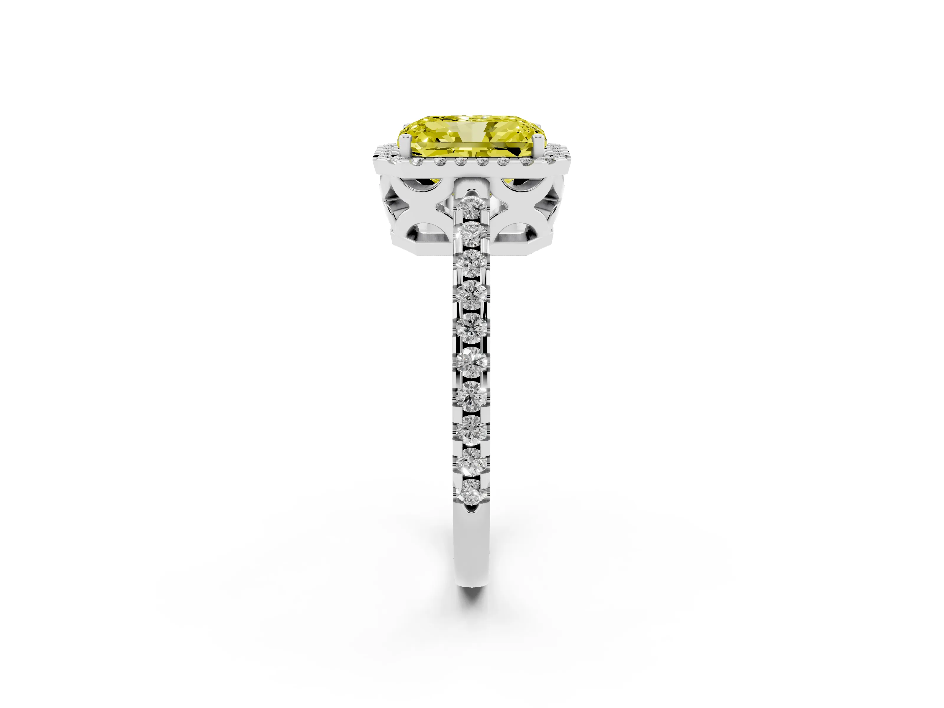 Fancy Yellow Radiant Cut Diamond Halo Ring Set in Platinum with Pavé Shoulders and Halo-Framed Center