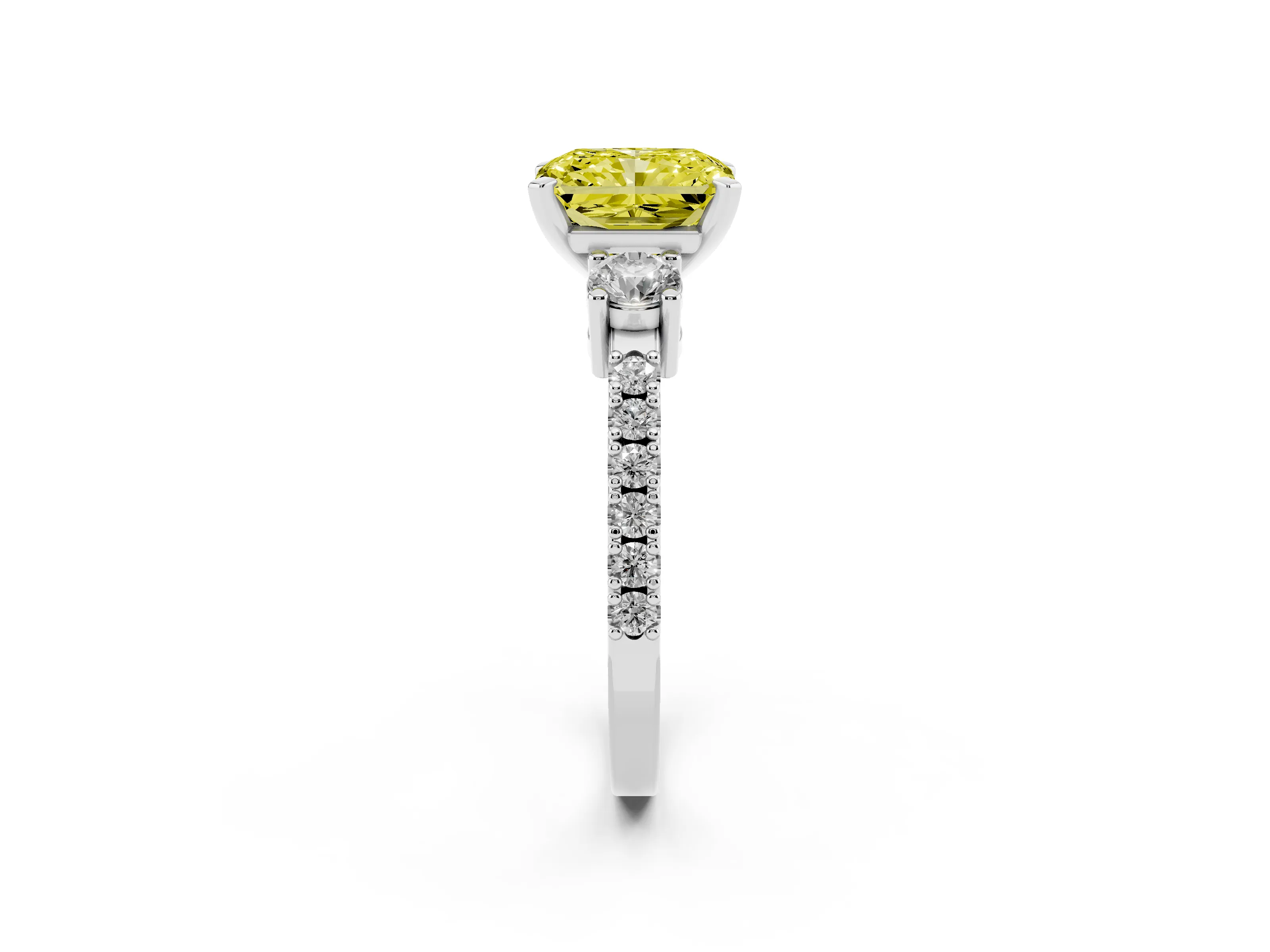 Fancy Yellow Three-Stone Radiant Cut Diamond Pavé Band Ring Set in Platinum with Prong Setting