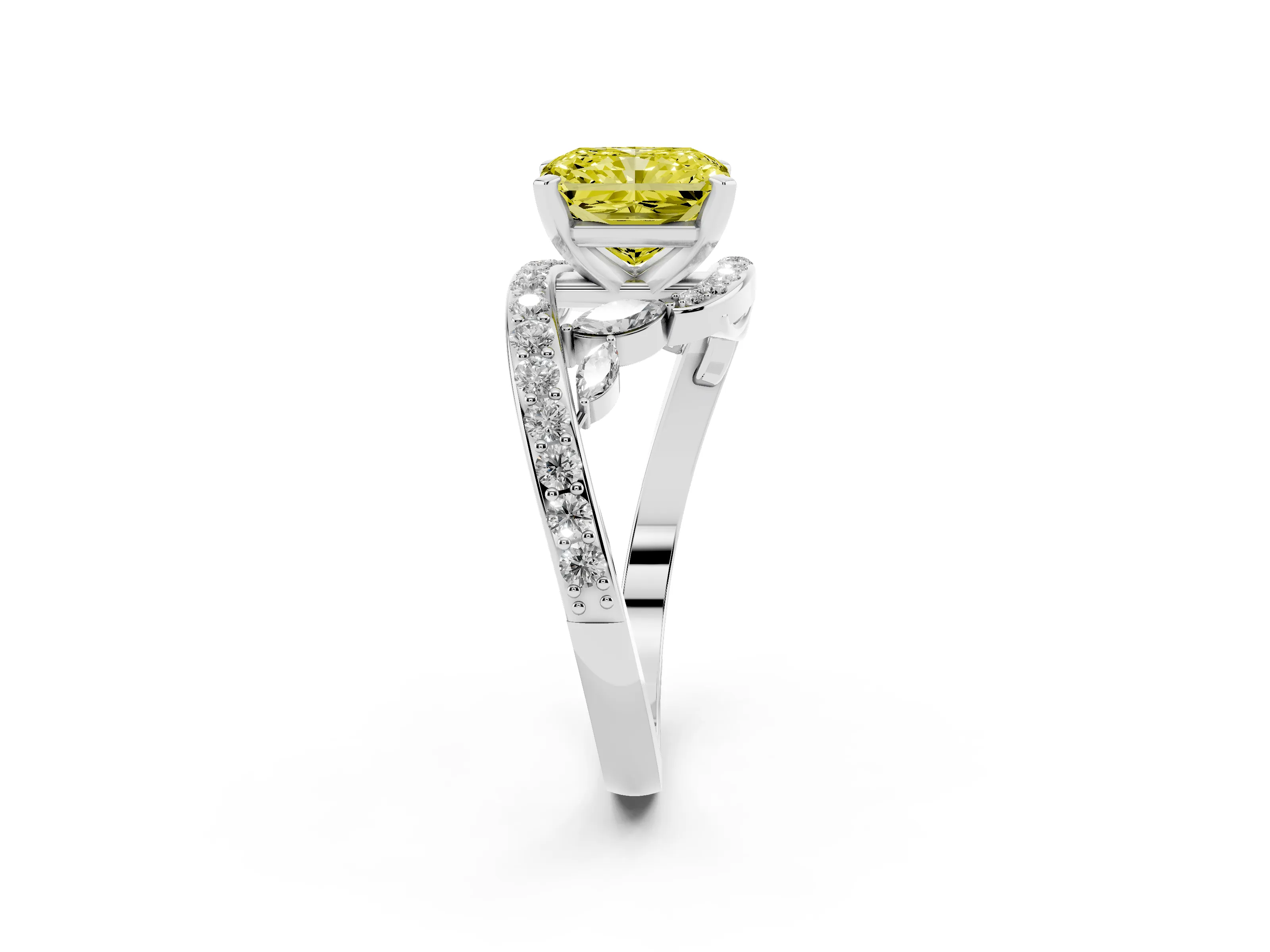 Fancy Yellow Radiant Cut Diamond Solitaire Ring Set in Silver with Pavé Twist Band and Secure Prong Setting