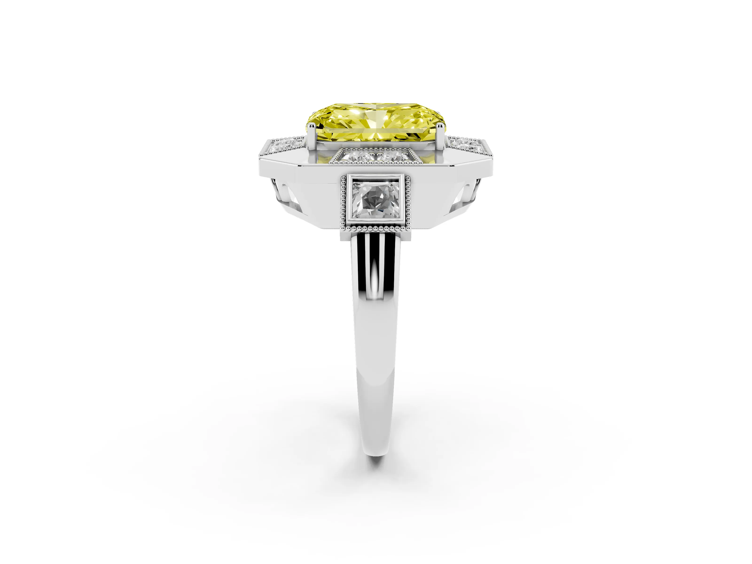 Fancy Yellow Radiant Cut Diamond Milgrain Halo Ring Set in Silver with Split Shank