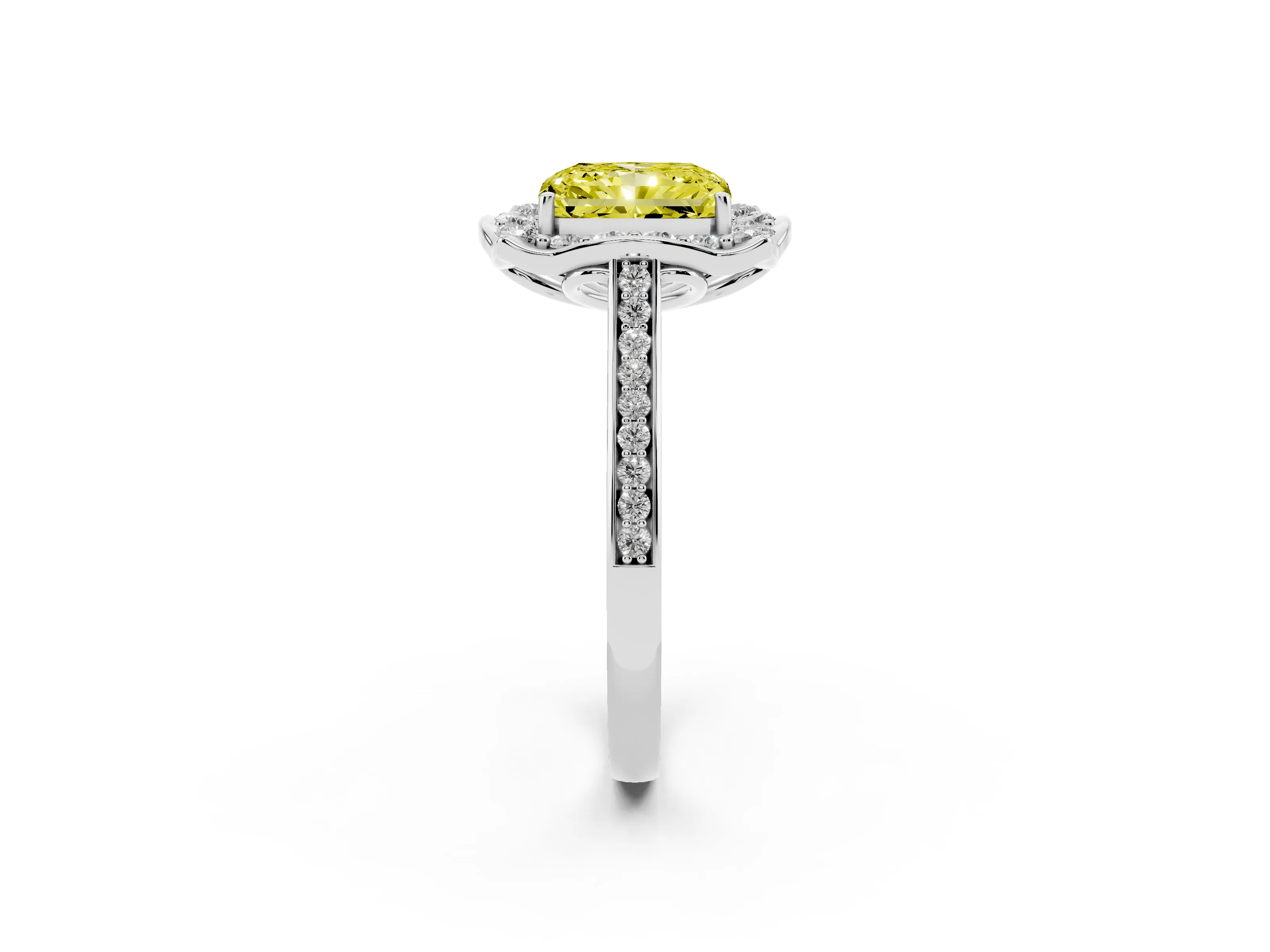 Fancy Yellow Radiant Cut Diamond Halo Ring Set in White gold with Pavé-Lined Shoulders and Prong Setting