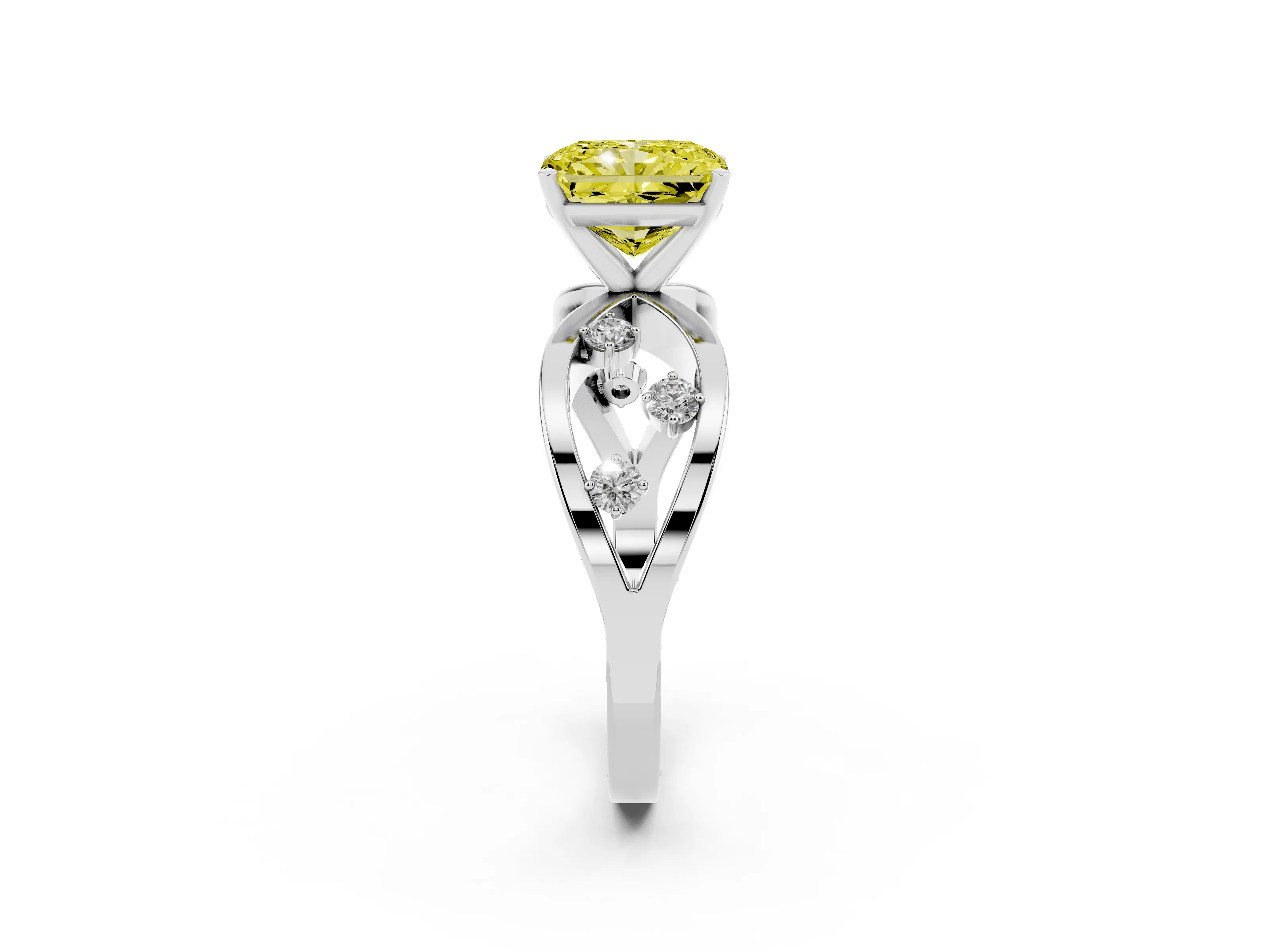 Fancy Yellow Radiant Cut Diamond Solitaire Ring Set in Platinum with Side Stones on Criss-Cross Band and Prong Setting