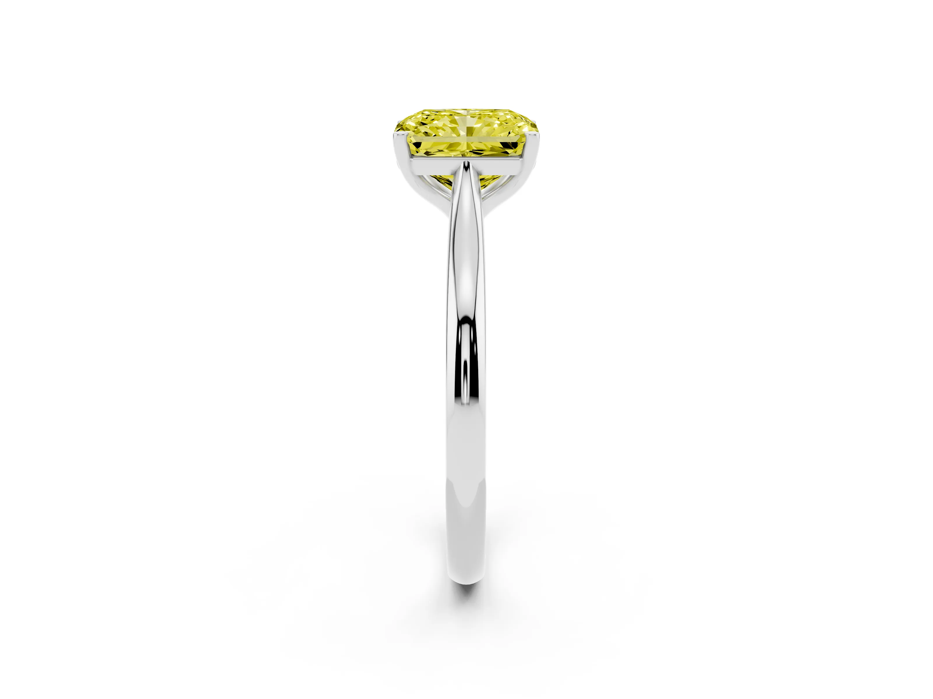Fancy Yellow Radiant Cut Diamond Solitaire Ring Set in Platinum with Cathedral Band and Prong Setting