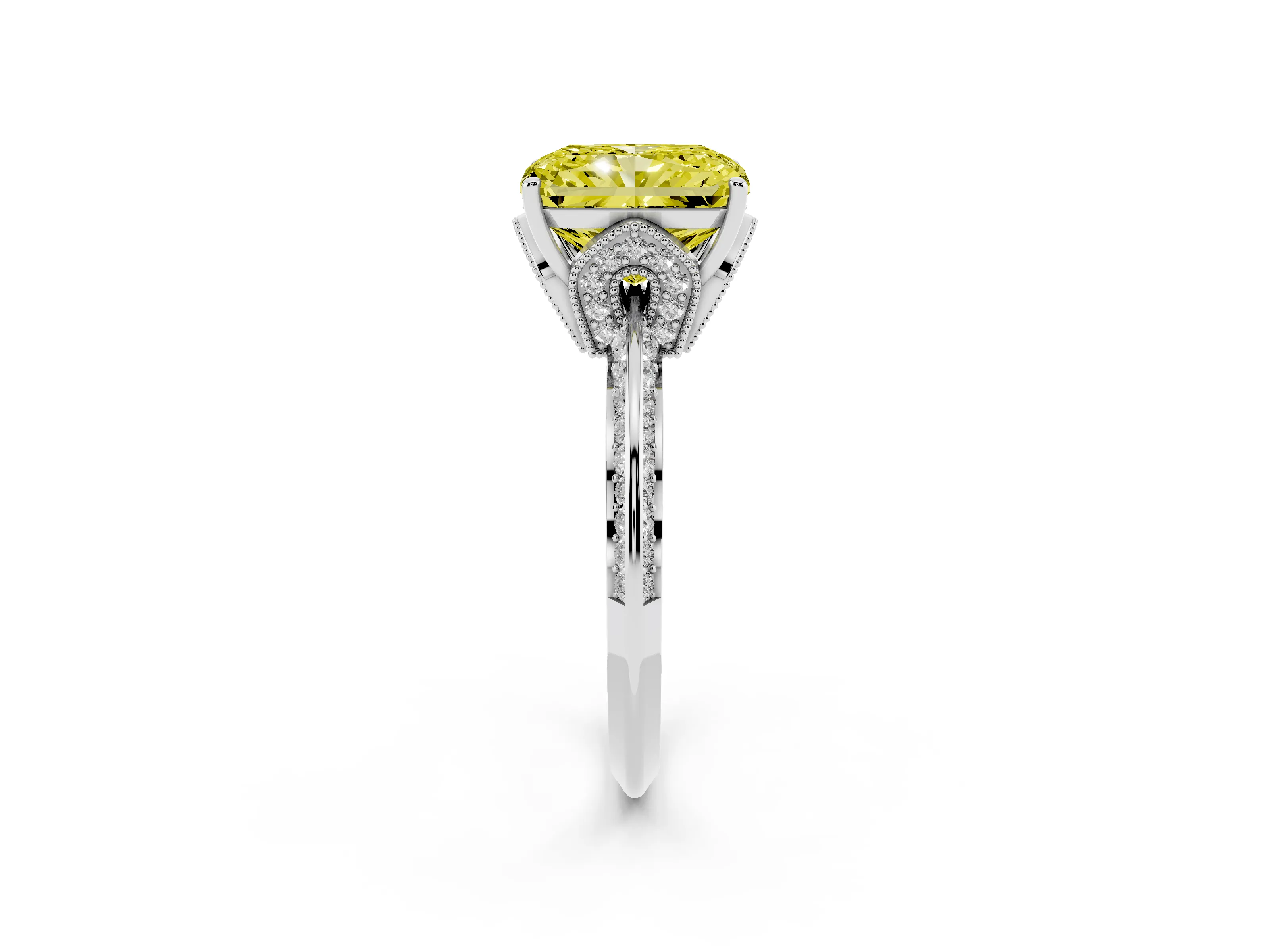 Fancy Yellow Radiant Cut Diamond Solitaire Engagement Ring Set in Silver with Pavé Split Shank and Prong Setting
