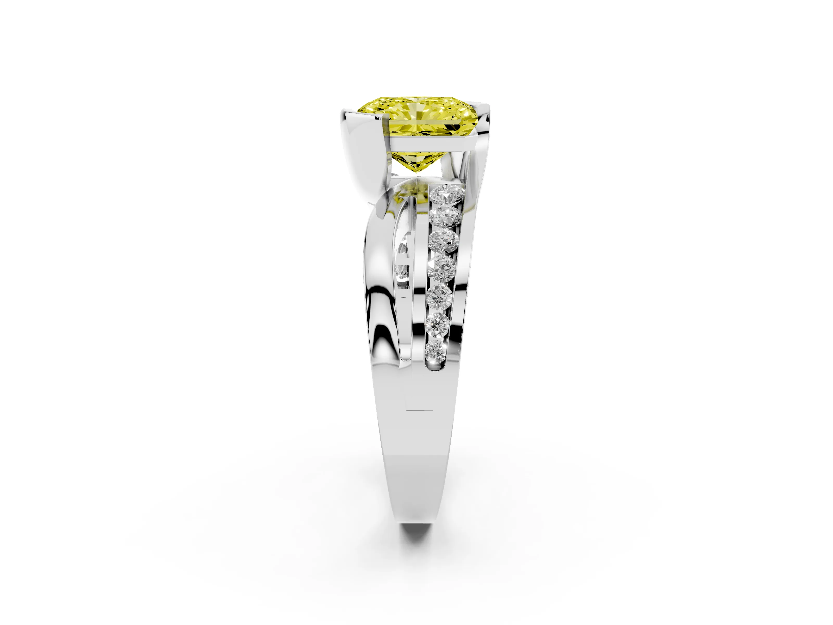 Fancy Yellow Radiant Cut Diamond Solitaire Ring Set in Platinum with Channel Set Split Shank and Tension Prongs