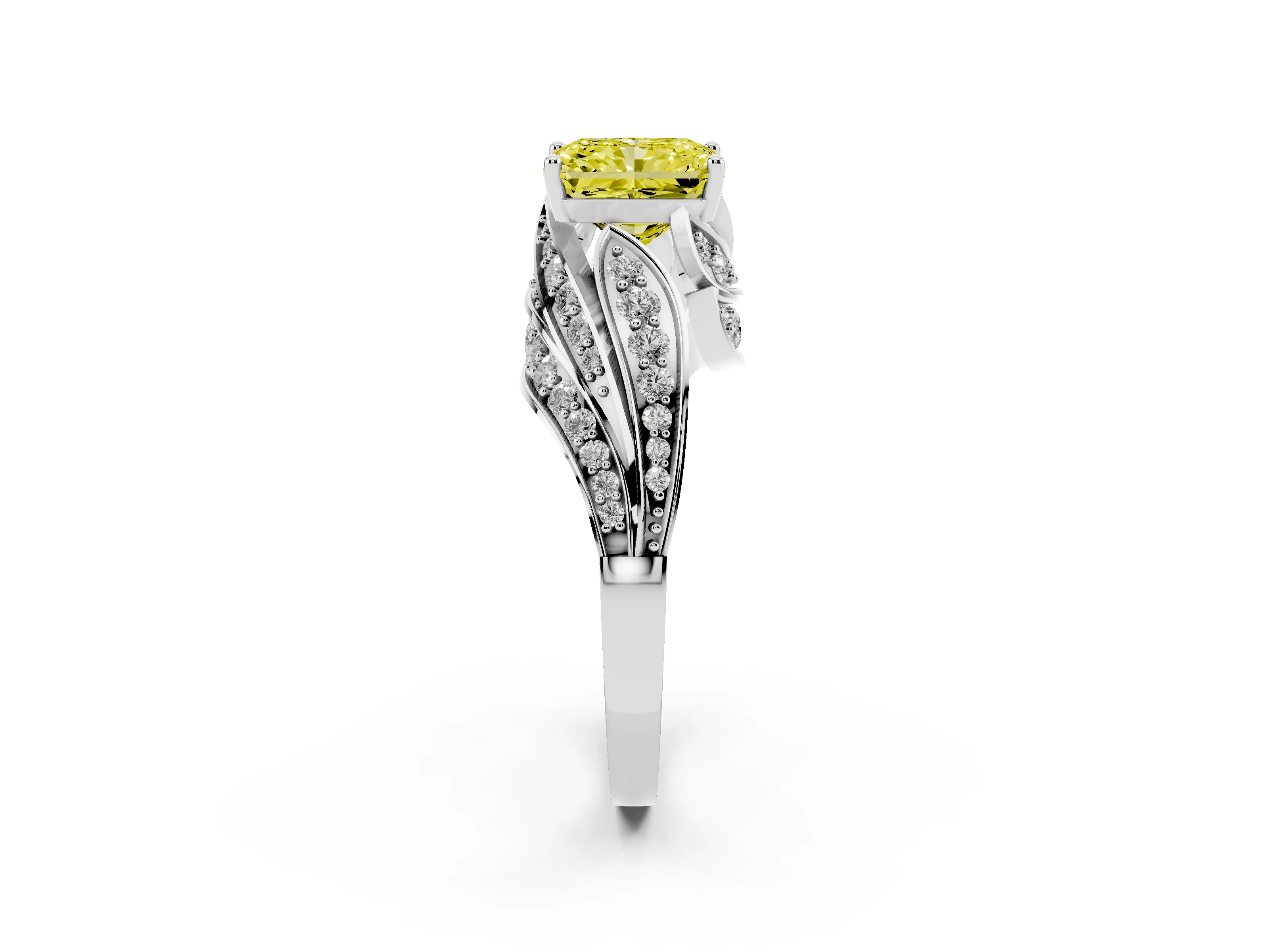 Fancy Yellow Radiant Cut Diamond Solitaire Ring Set in Platinum with Layered Twist Pavé Band