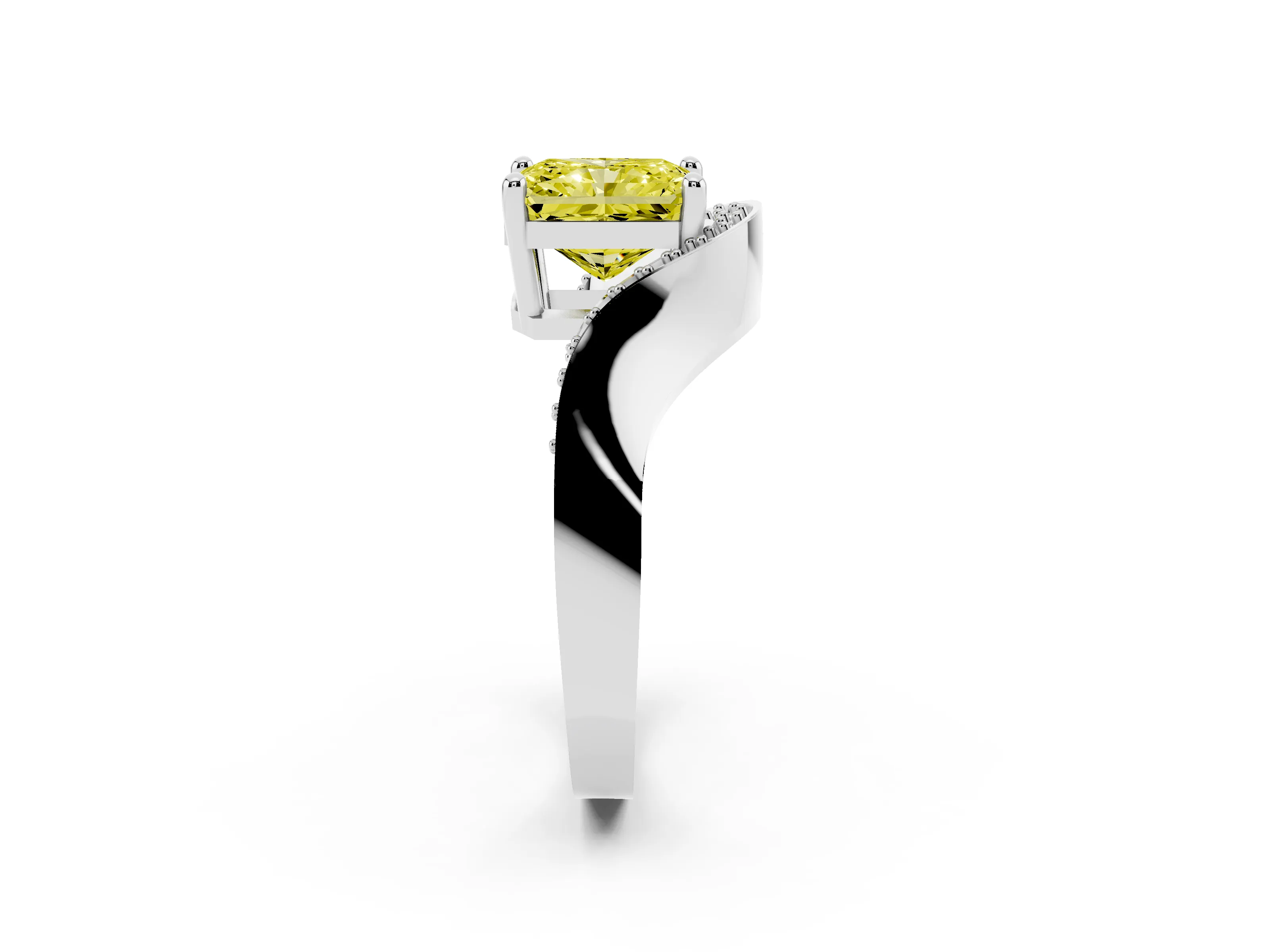 Fancy Yellow Radiant Cut Diamond Solitaire Engagement Ring Set in Platinum with Pavé Shoulders