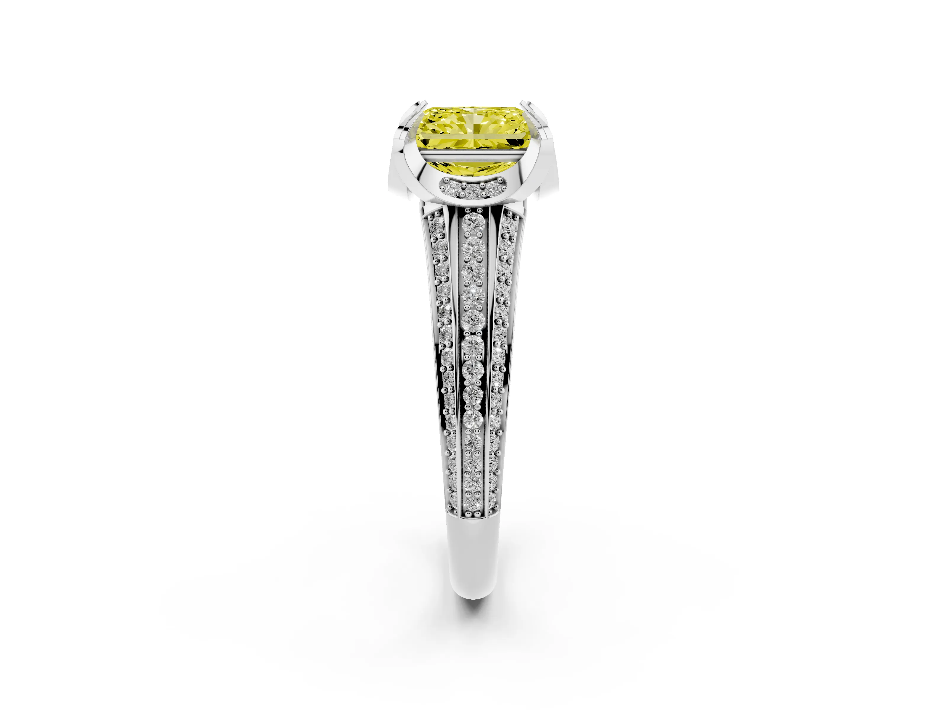 Fancy Yellow Radiant Cut Diamond Pavé Split Shank Solitaire Ring Set in Silver with Prong Setting