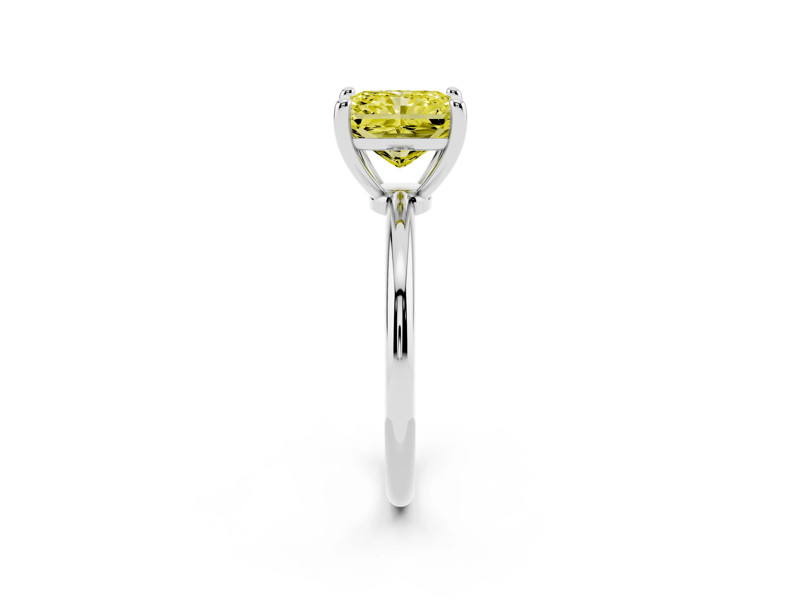 Fancy Yellow Radiant Cut Diamond Solitaire Ring Set in White gold with Secure Prong Setting on a Classic Band