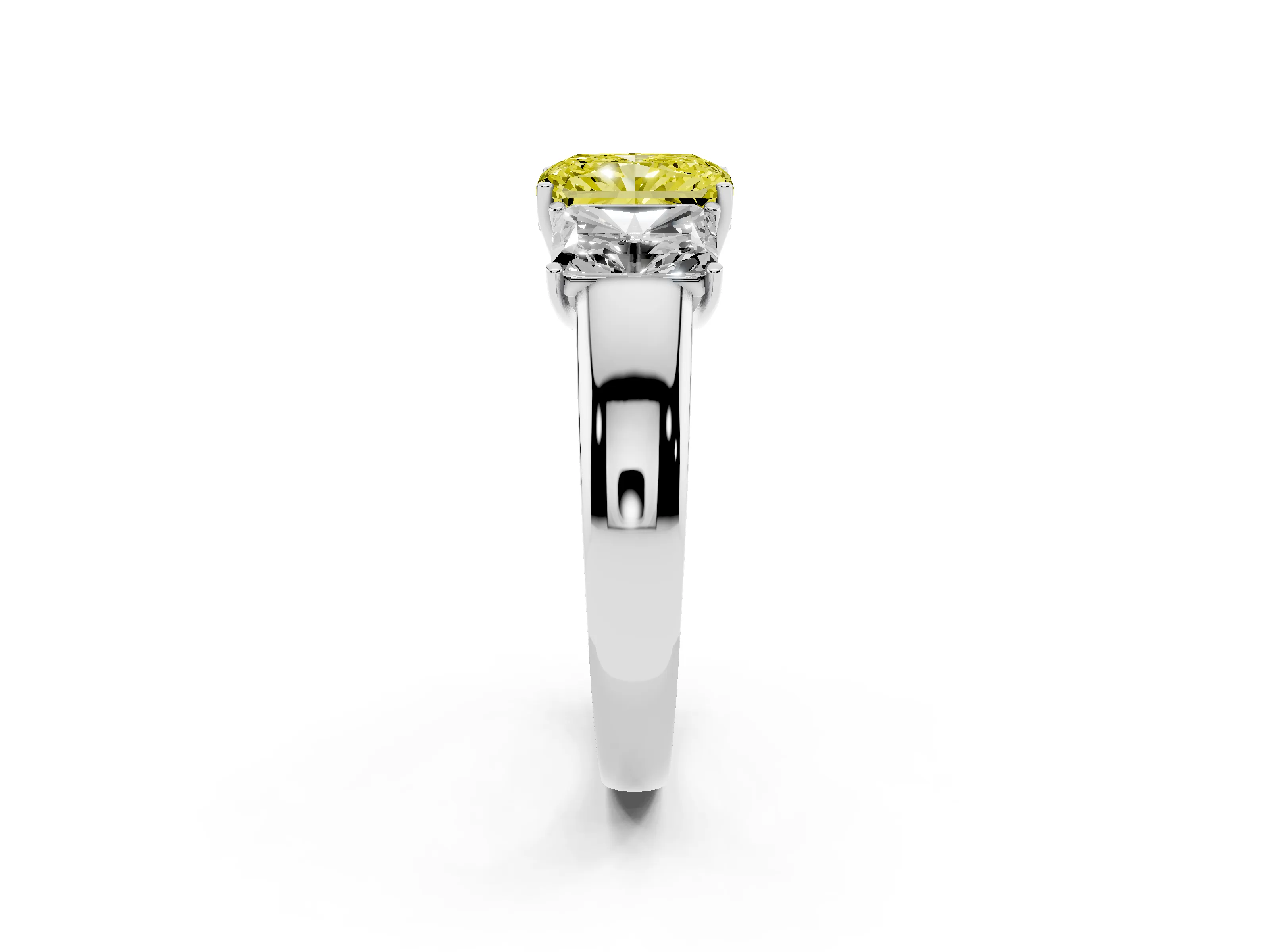 Fancy Yellow Three-Stone Radiant Cut Diamond Ring Set in Silver with Matching Prong Settings and Plain Band