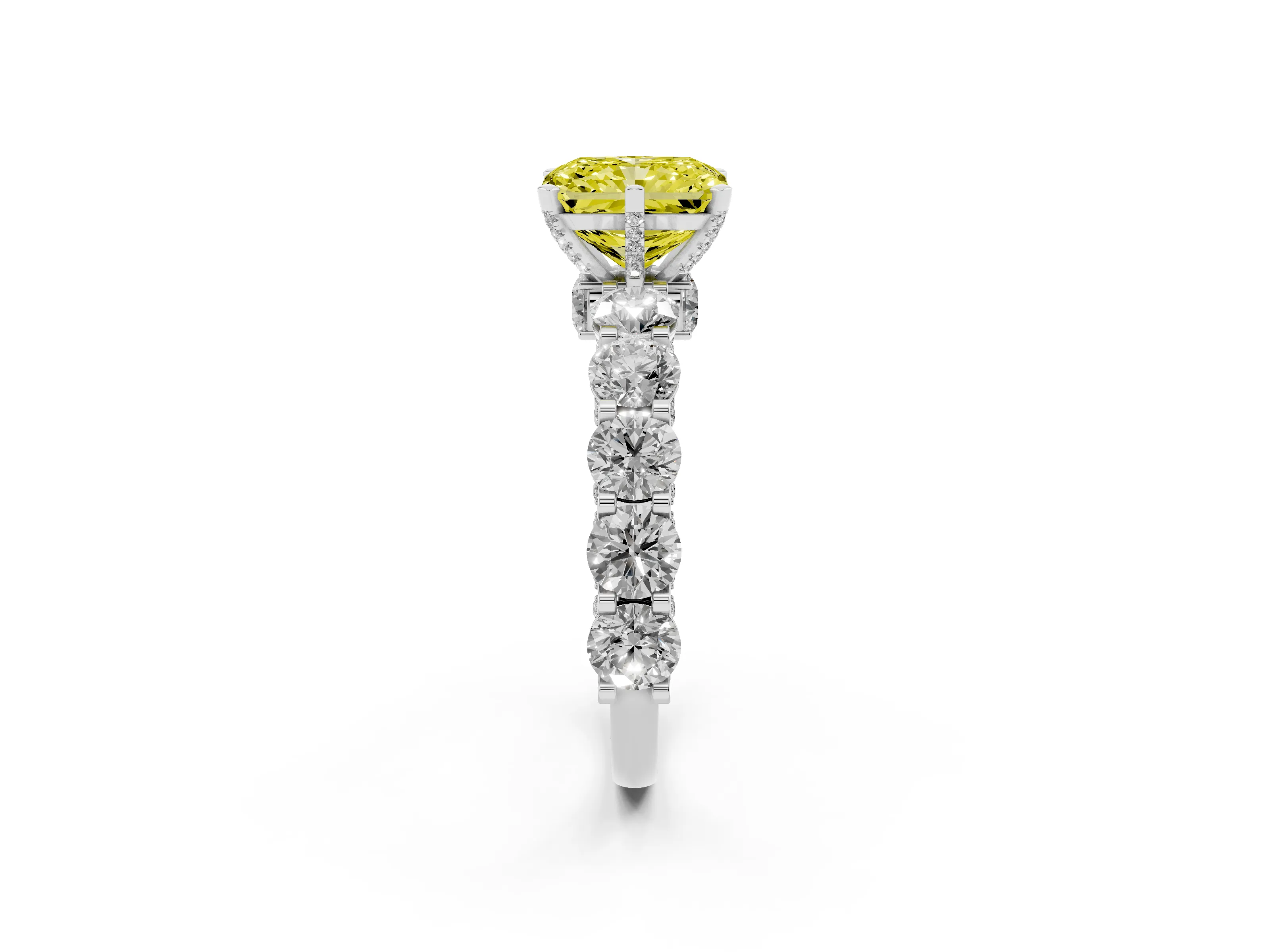 Fancy Yellow Radiant Cut Diamond Side Stone Ring Set in Platinum with Alternating Round and Oval Side Stones