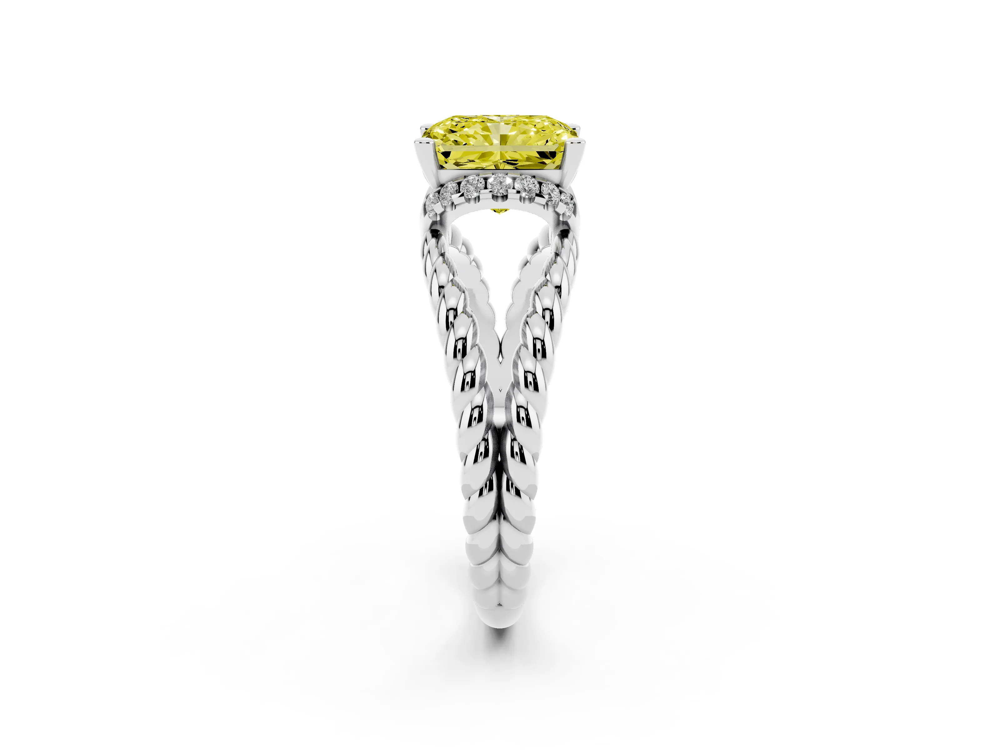Fancy Yellow Radiant Cut Diamond Halo Ring Set in White gold with Twisted Band and Prong Setting