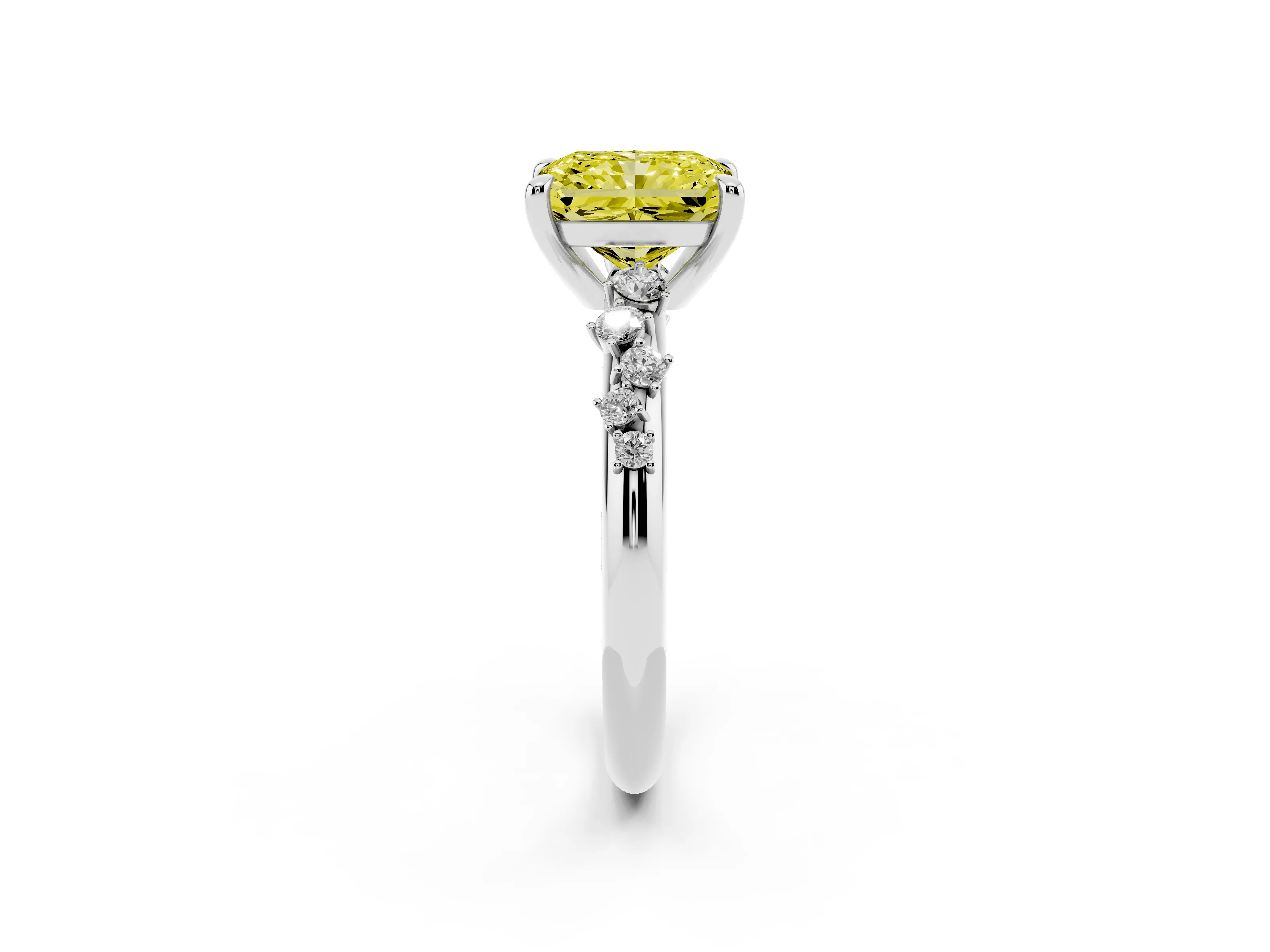 Fancy Yellow Radiant Cut Diamond Solitaire Vine Band Ring Set in Silver with Round Accents and Prong Setting