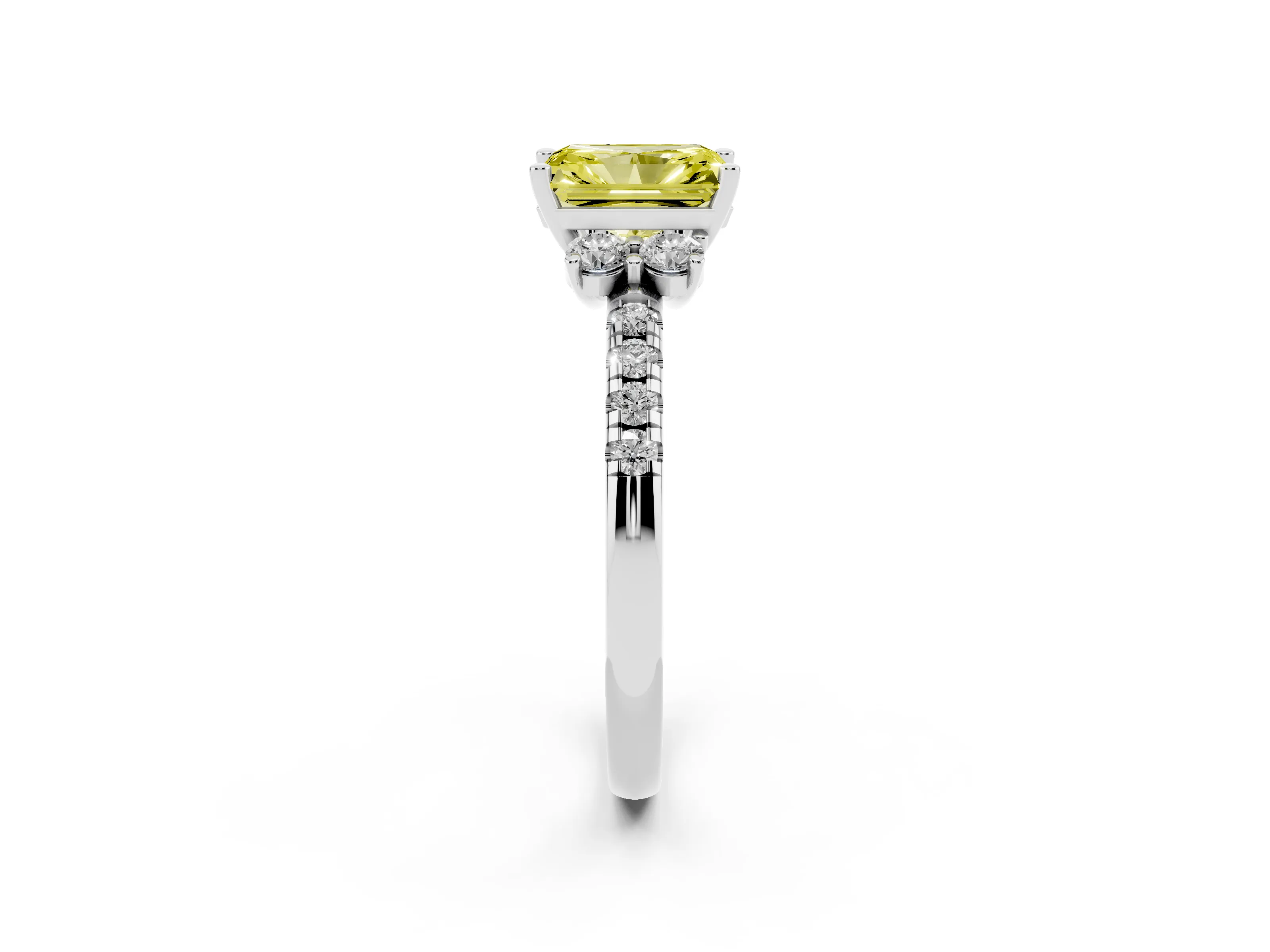 Fancy Yellow Radiant Cut Diamond Three-Stone Pavé Ring Set in Silver with Prong Setting