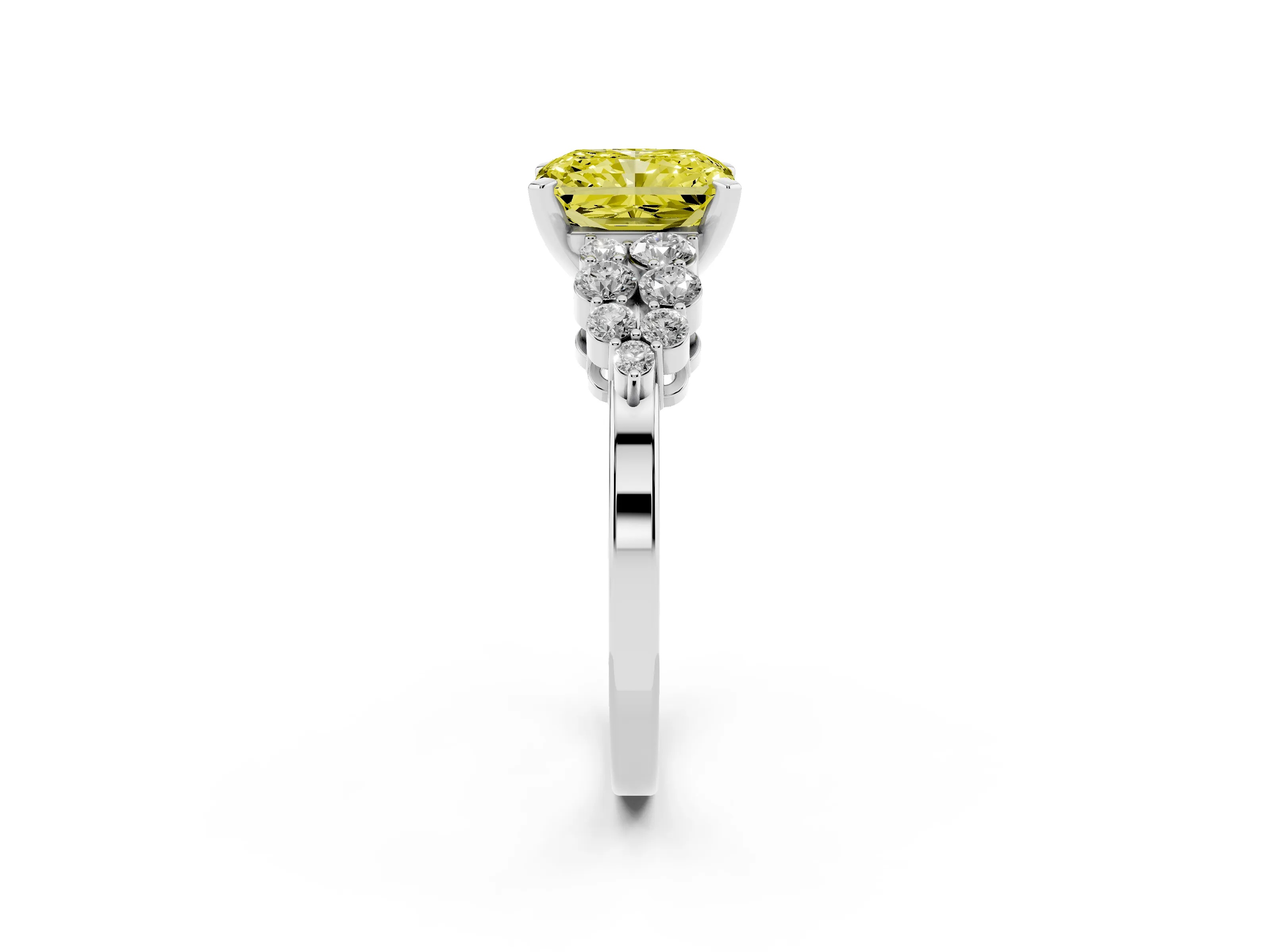Fancy Yellow Radiant Cut Diamond Cluster Engagement Ring Set in Platinum with Pavé Band and Prong Setting