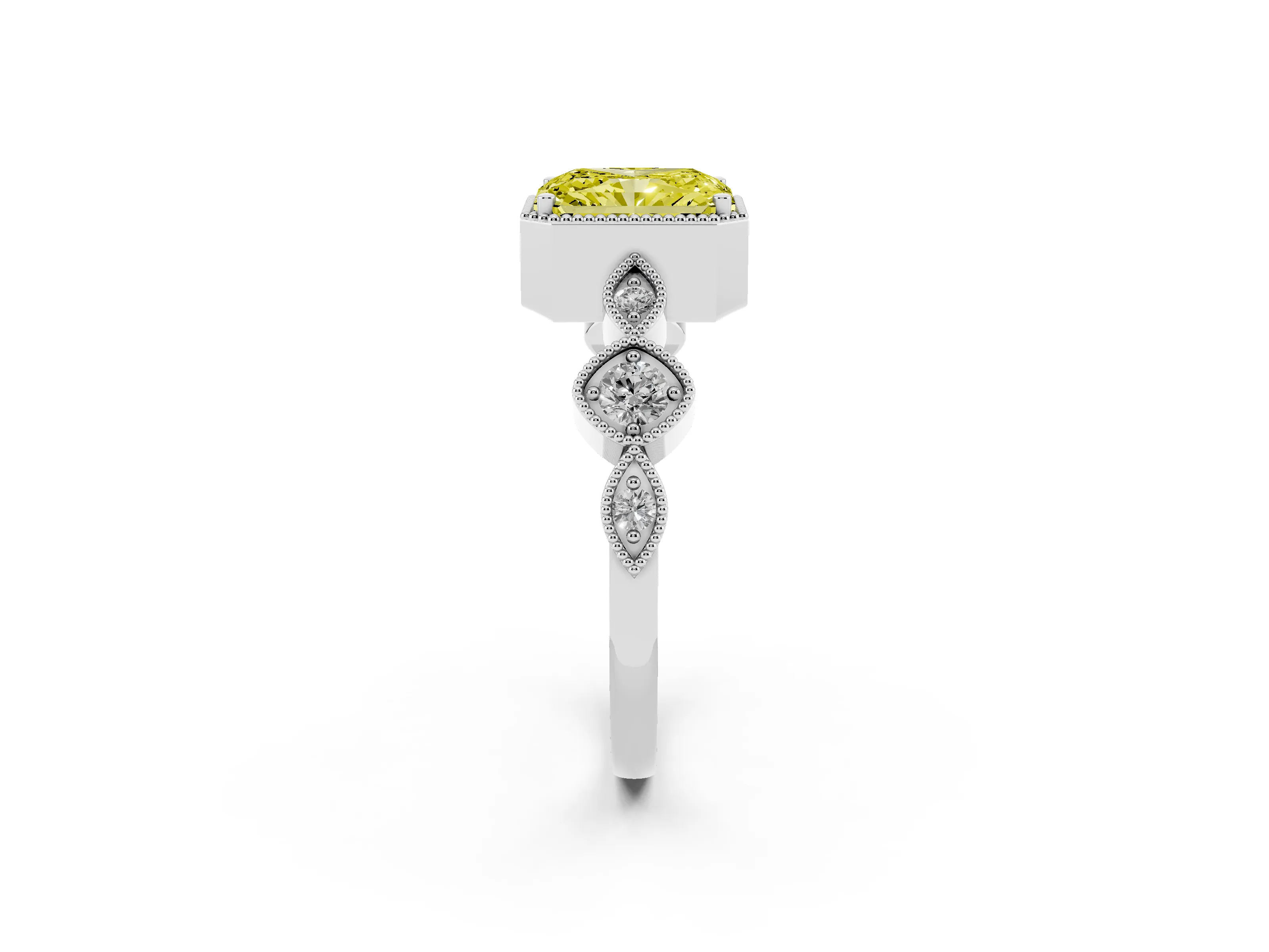 Fancy Yellow Radiant Cut Diamond Vintage-Inspired Milgrain Ring Set in Silver with Marquise Stations of Round Accents