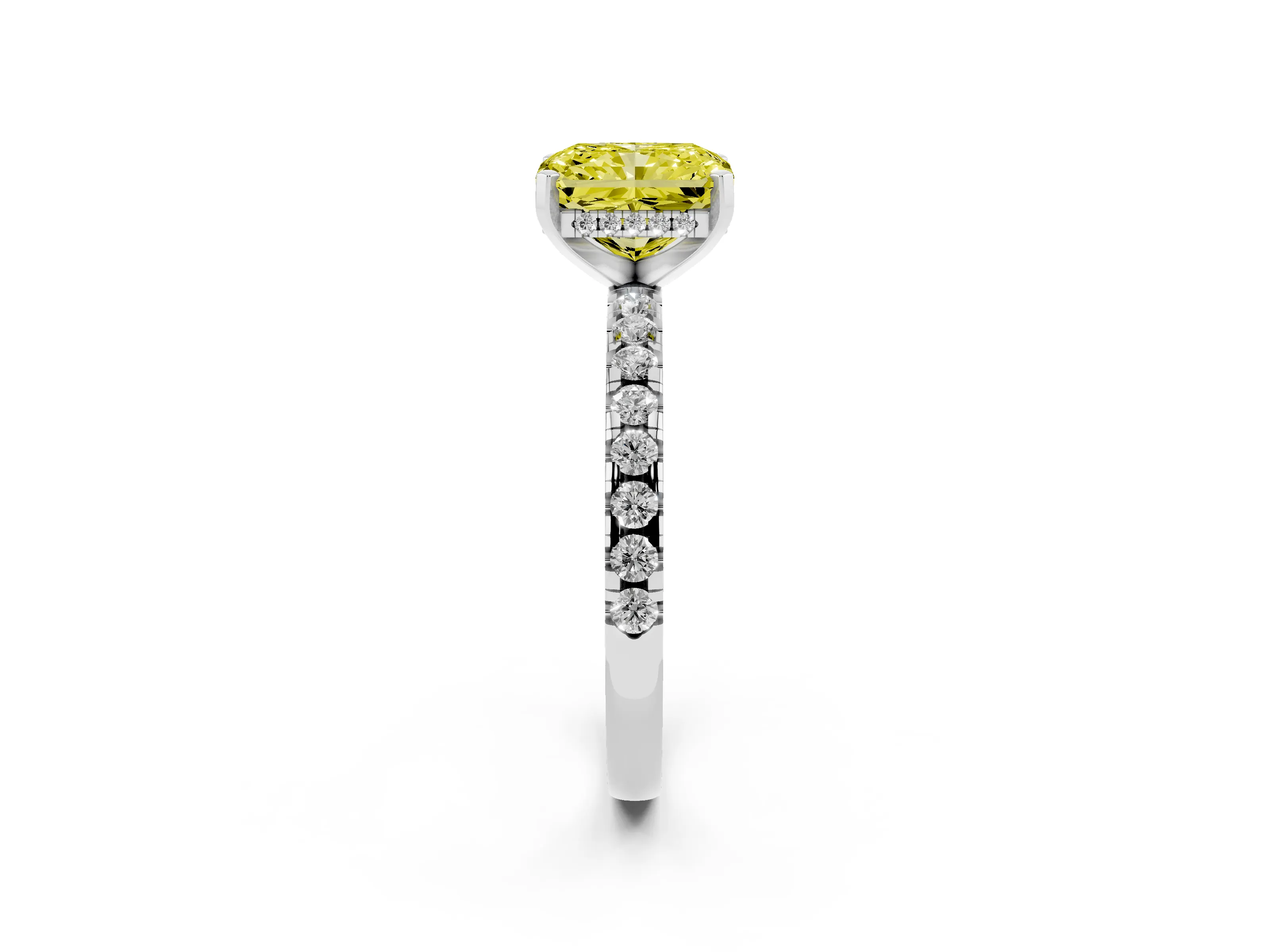 Fancy Yellow Radiant Cut Diamond Pavé Solitaire Ring Set in Silver with Round Band Accents and Prong Setting