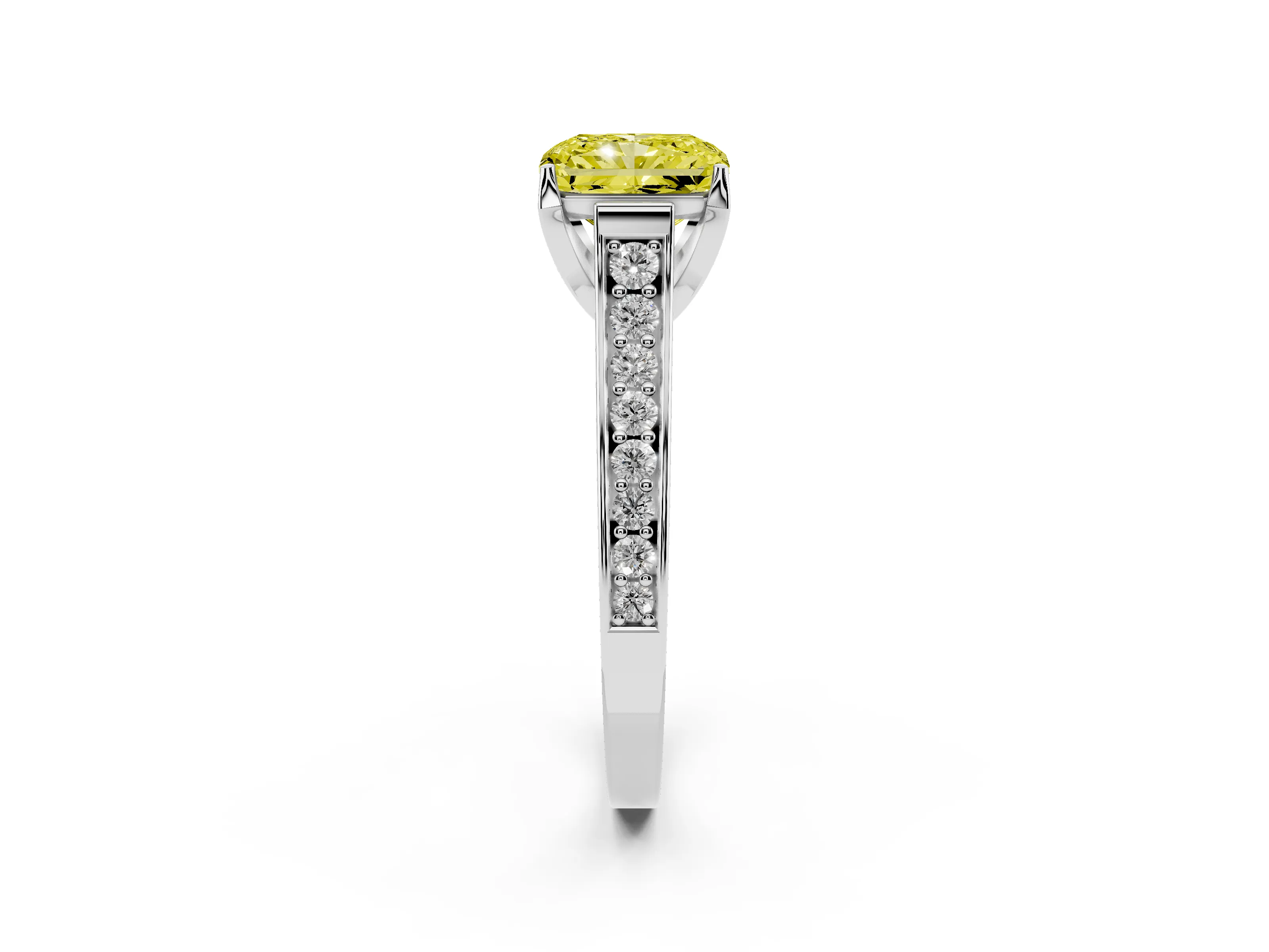 Fancy Yellow Radiant Cut Diamond Solitaire Pavé Engagement Ring Set in Platinum with Prong Setting
