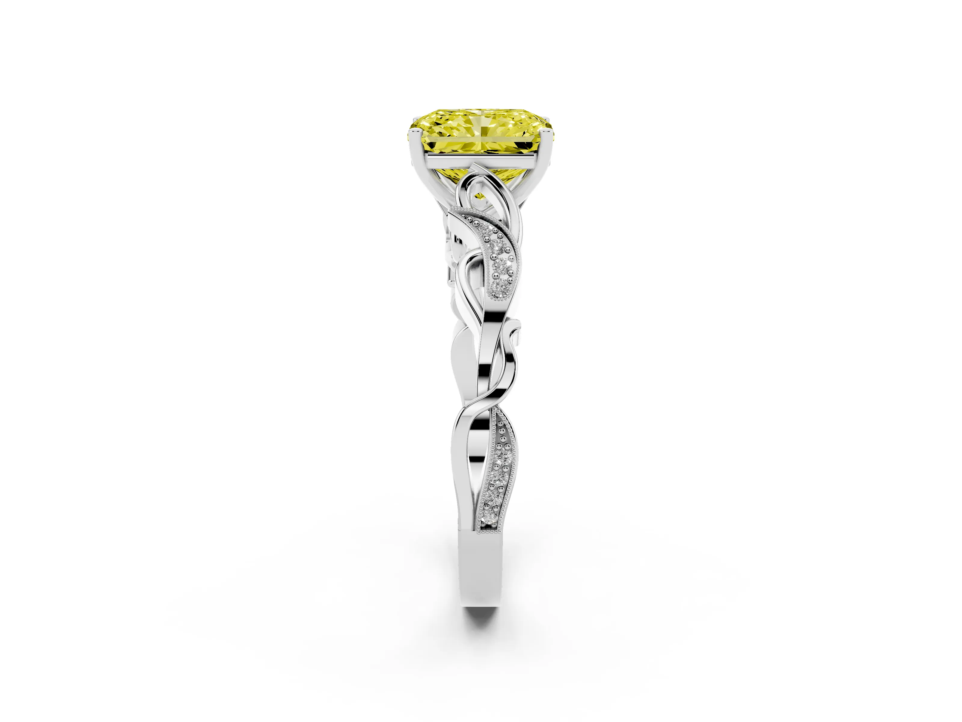 Fancy Yellow Radiant Cut Diamond Vine Band Solitaire Ring Set in Platinum with Milgrain Prong Setting