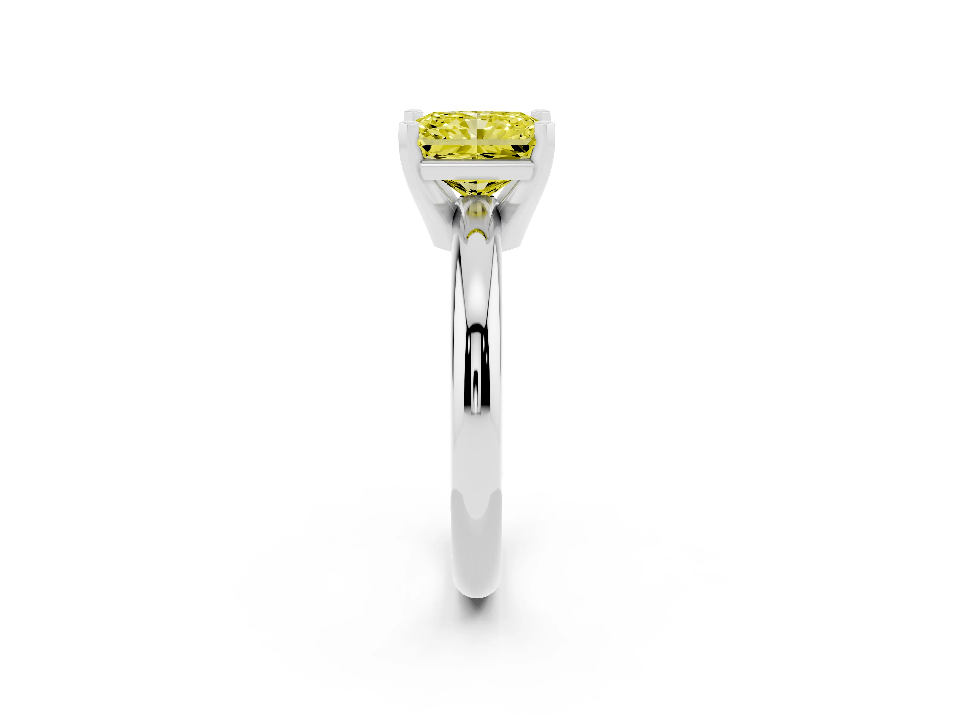 Fancy Yellow Radiant Cut Diamond Solitaire Engagement Ring Set in Platinum with Round Band and Prong Setting