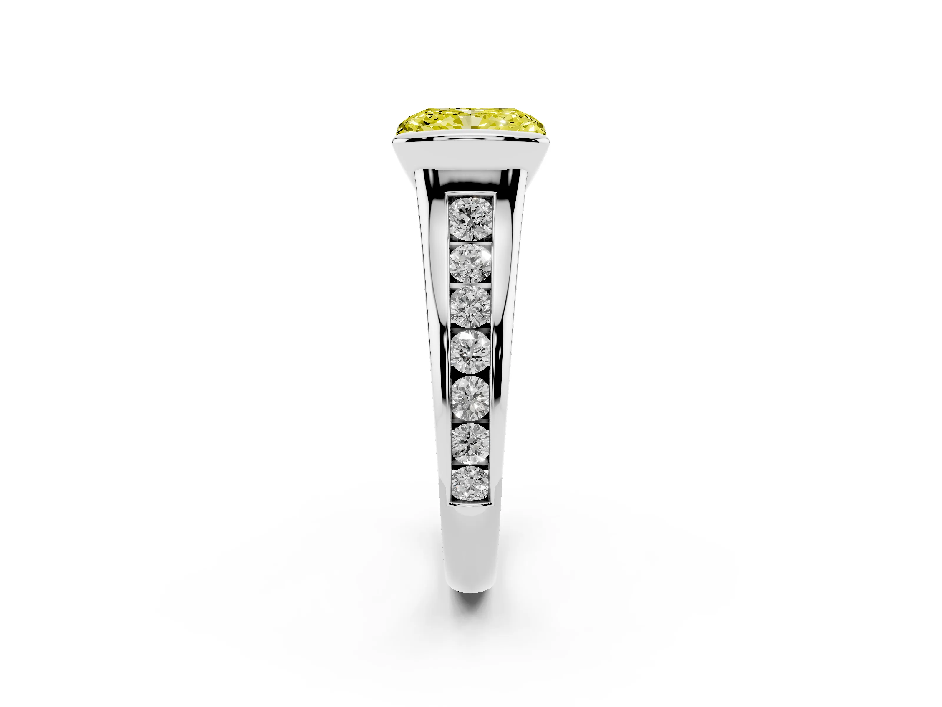 Fancy Yellow Radiant Cut Diamond Bezel-Set Solitaire Ring Set in White gold with Channel-Set Band