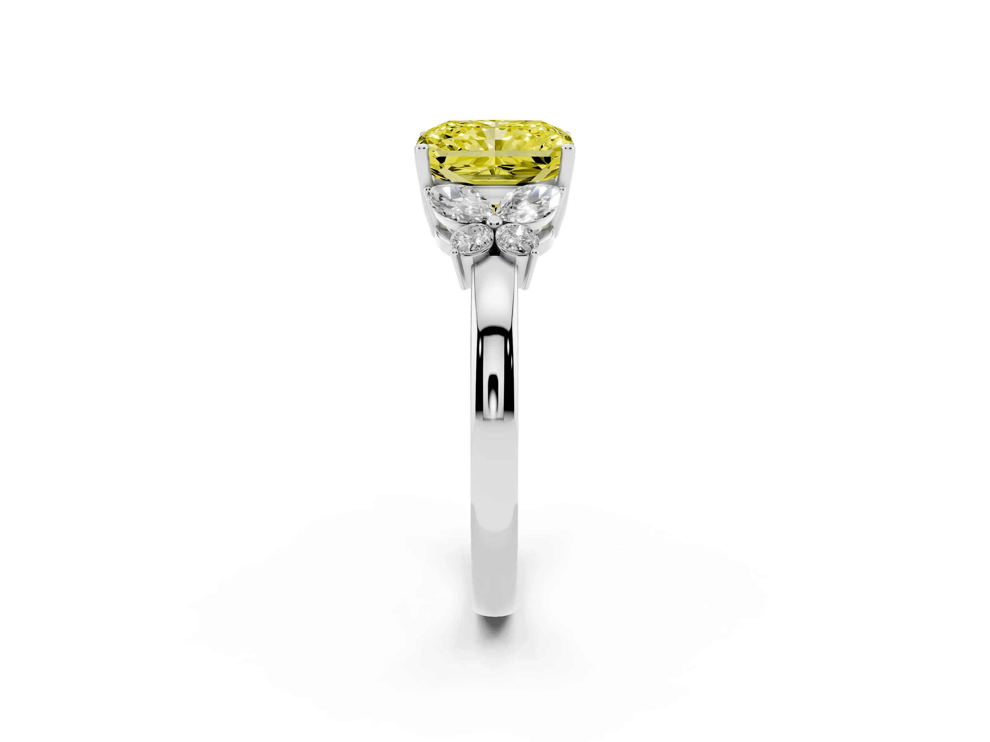 Fancy Yellow Radiant Cut Diamond Solitaire Floral Ring Set in White gold with Marquise Petals and Prong Setting