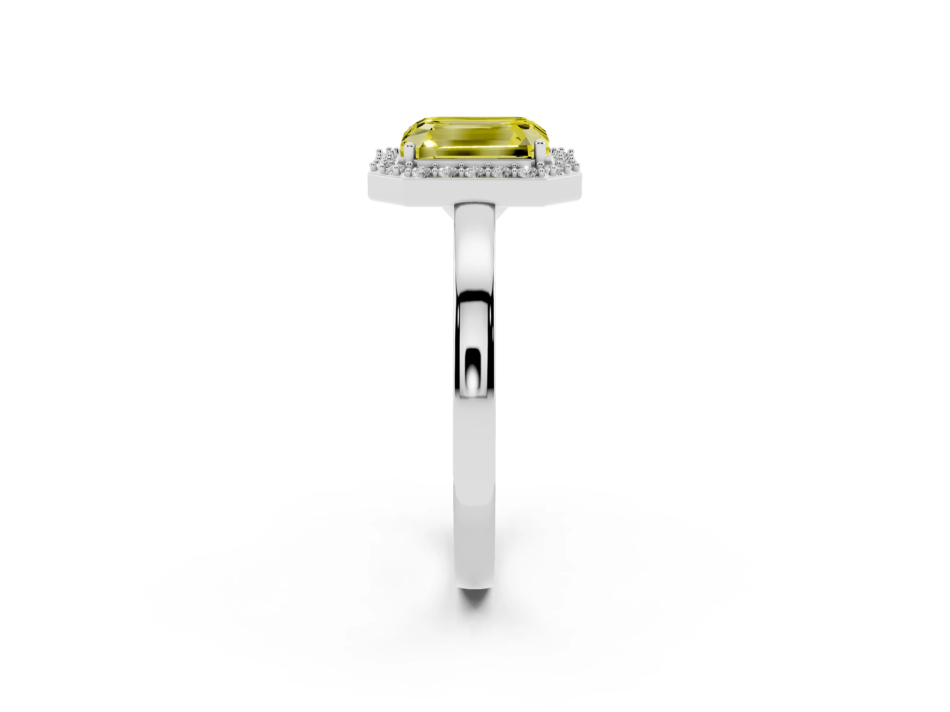 Fancy Yellow Radiant Cut Diamond Halo Ring Set in White gold with Solitaire Band and Prong Setting