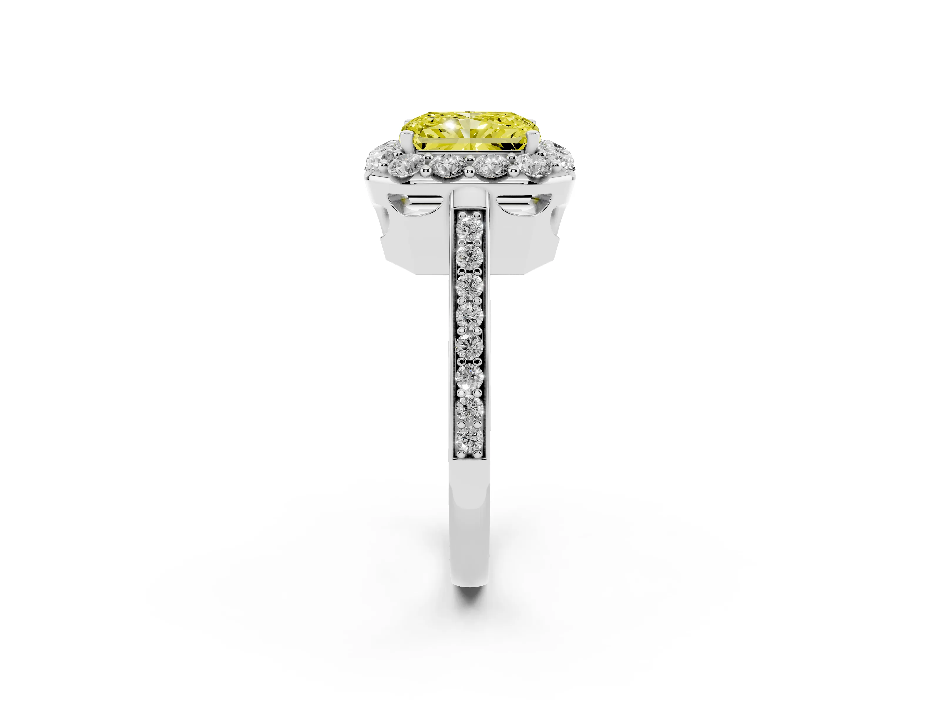 Fancy Yellow Radiant Cut Diamond Floral Halo Ring Set in Platinum with Pavé Band and Prong Setting
