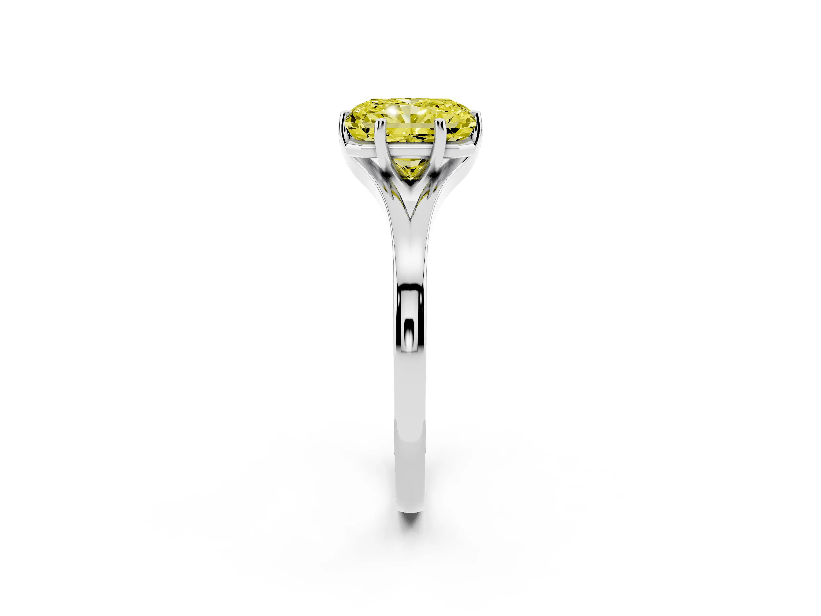 Fancy Yellow Radiant Cut Diamond Solitaire Ring Set in Platinum with Polished Tapered Band and Prong Setting