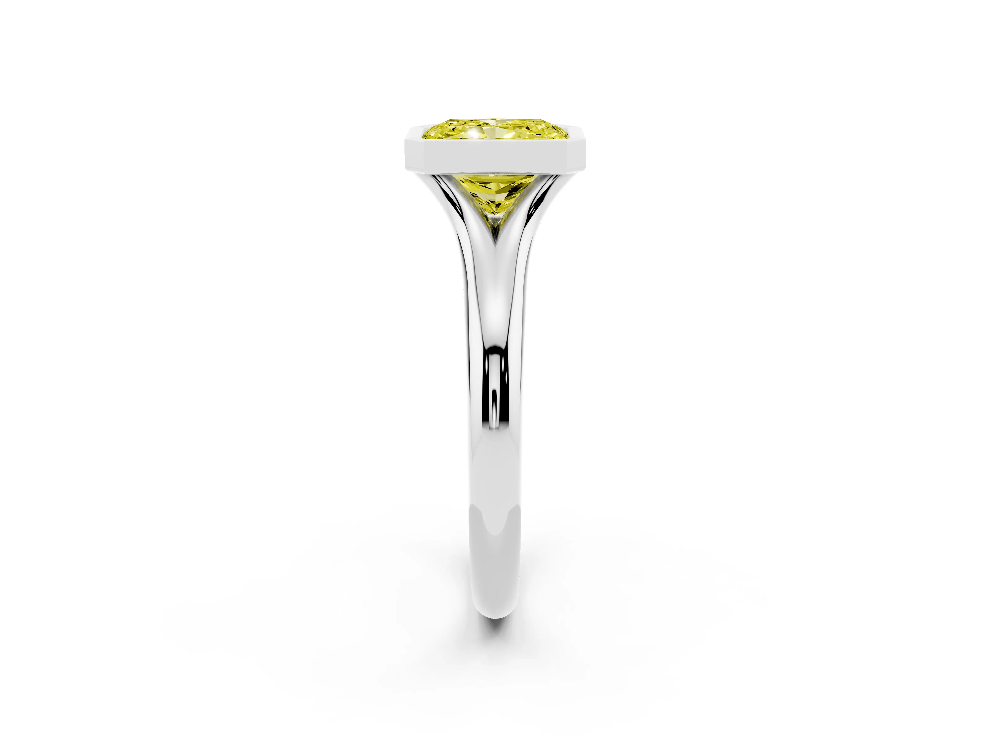 Fancy Yellow Bezel Set Radiant Cut Diamond Solitaire Ring Set in White gold with Smooth Band
