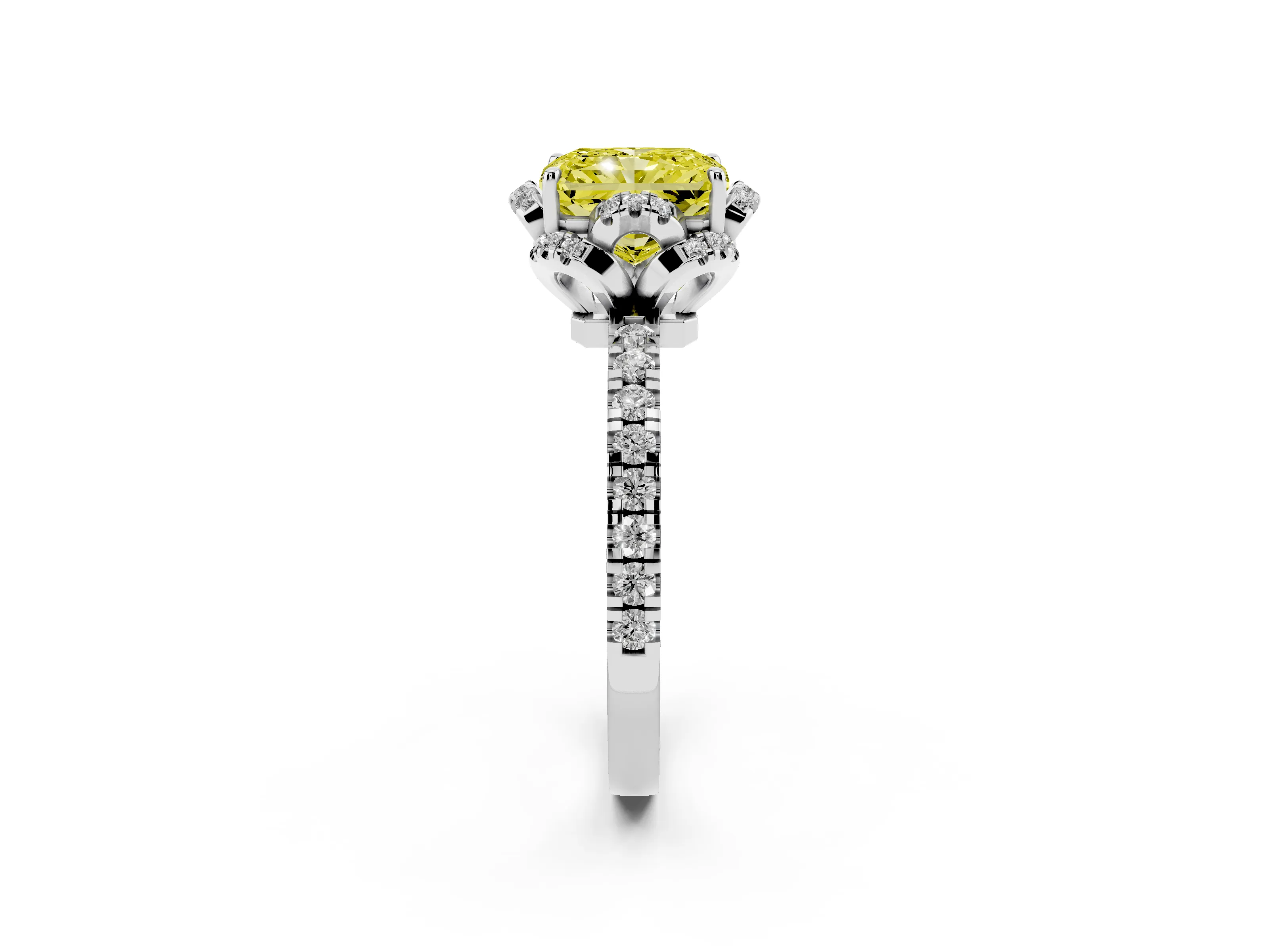 Fancy Yellow Radiant Cut Diamond Halo Pavé Band Ring Set in White gold with Prong-Held Center