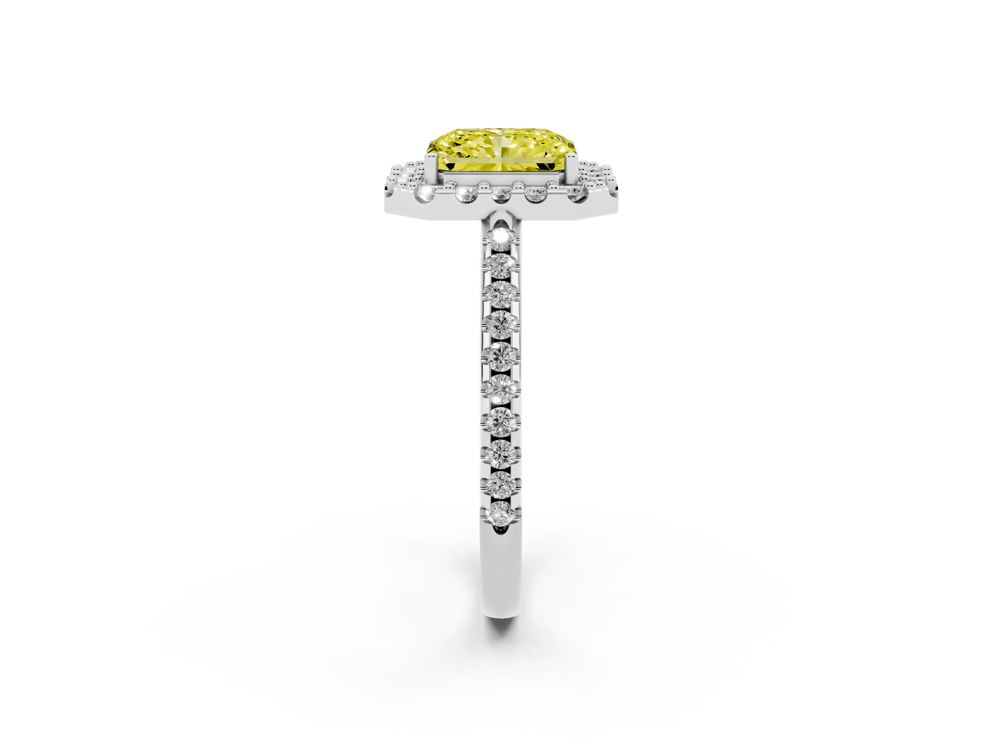 Fancy Yellow Radiant Cut Diamond Pavé Halo Ring Set in Platinum with Prong Setting