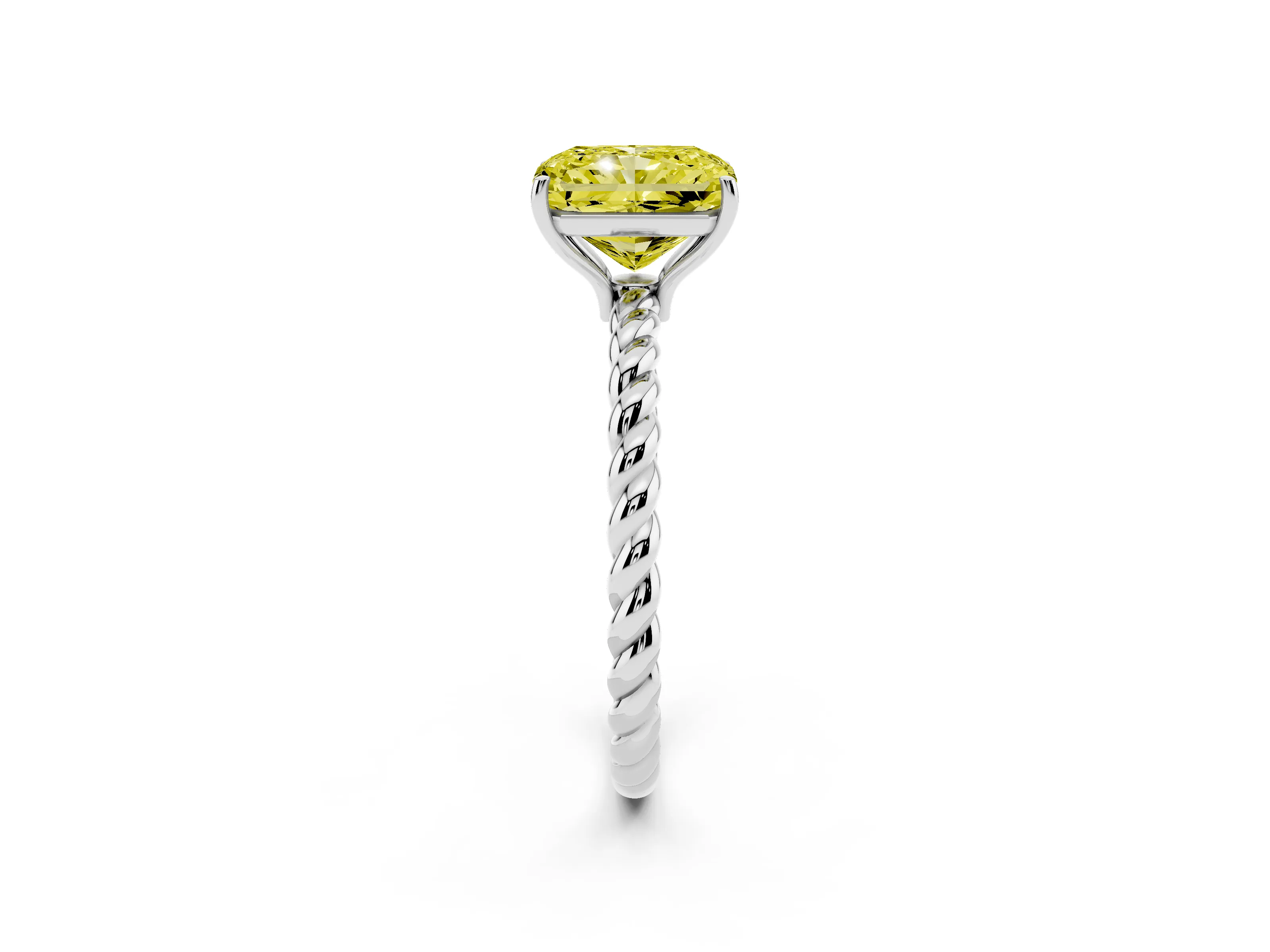Fancy Yellow Radiant Cut Diamond Solitaire Ring Set in White gold with Twist Band and Prong Setting