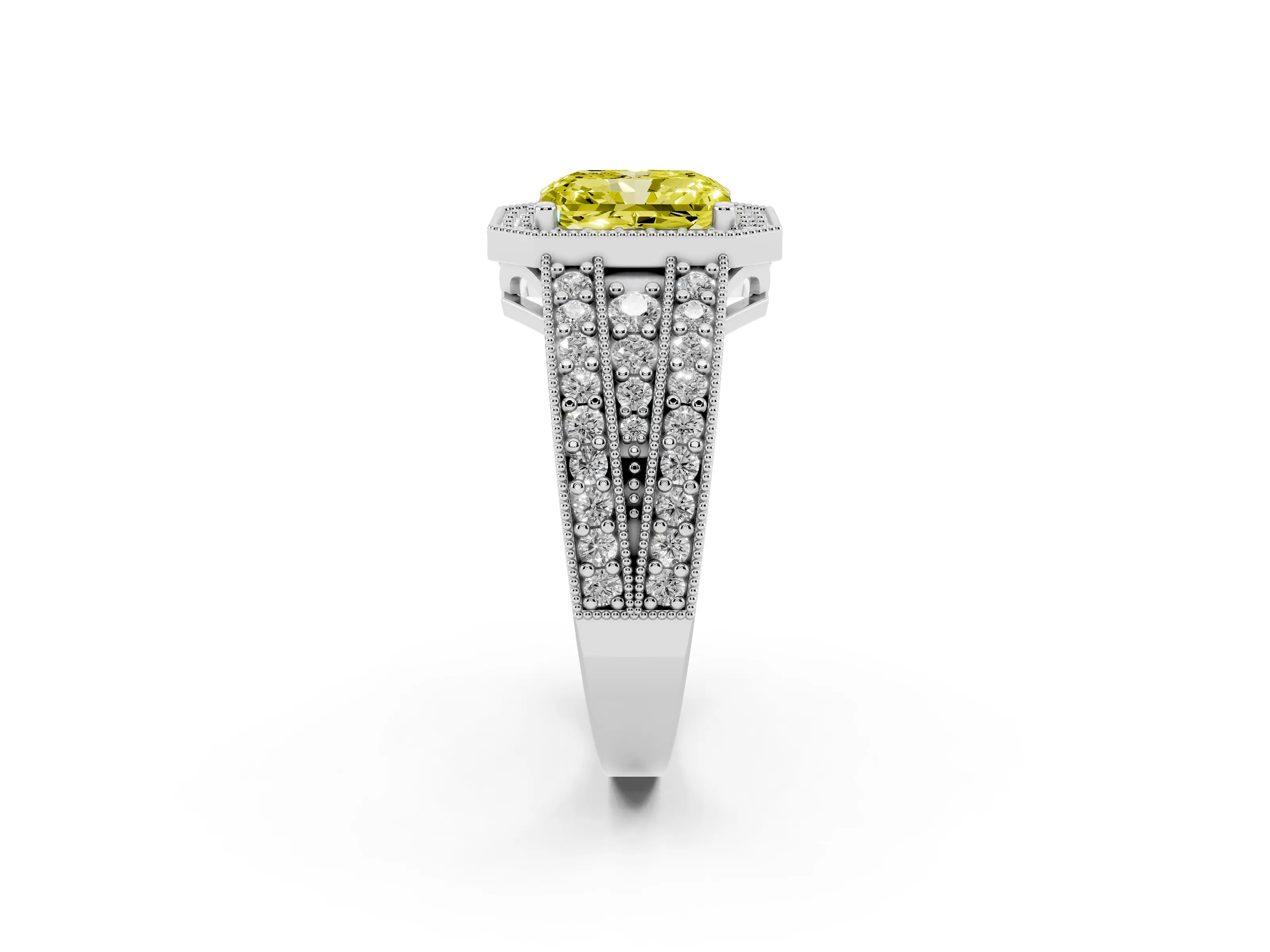Fancy Yellow Radiant Cut Diamond Halo Ring Set in Platinum with Accent Split Shank and Prong Setting