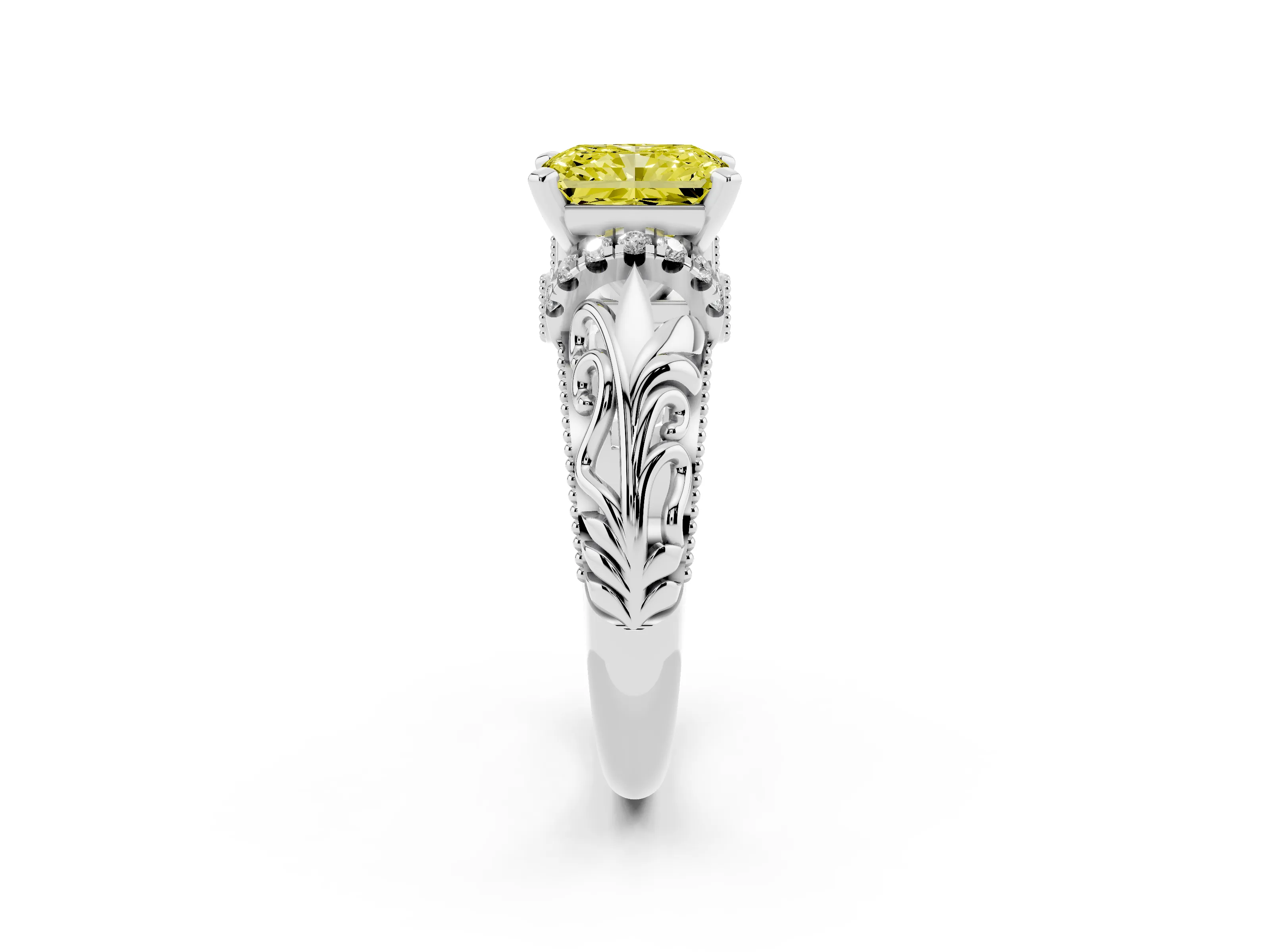 Fancy Yellow Radiant Cut Diamond Filigree Halo Engagement Ring Set in White gold with Prong Setting