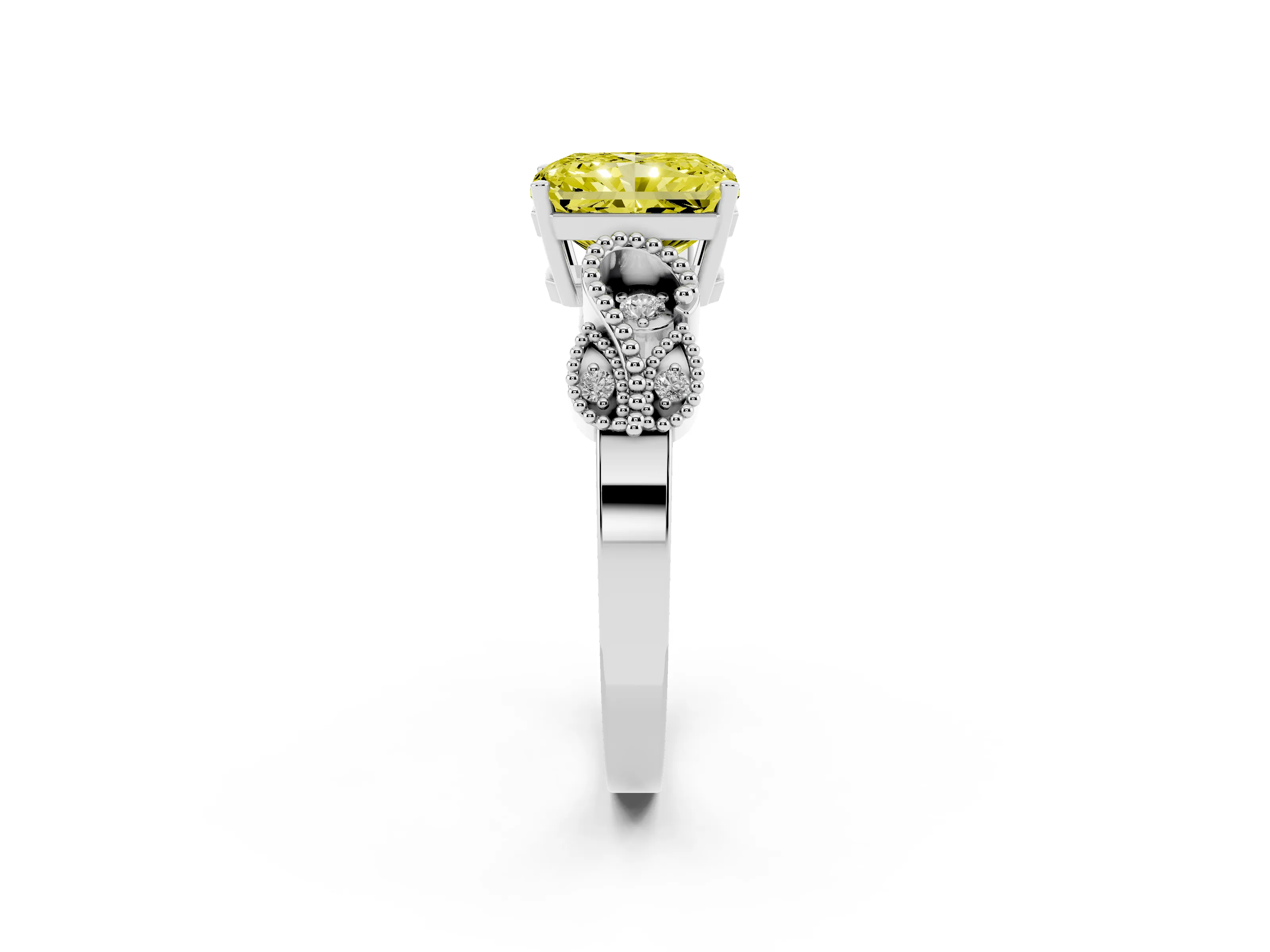 Fancy Yellow Radiant Cut Diamond Milgrain Leaf Band Solitaire Ring Set in Platinum with Accent Stones and Prong Setting