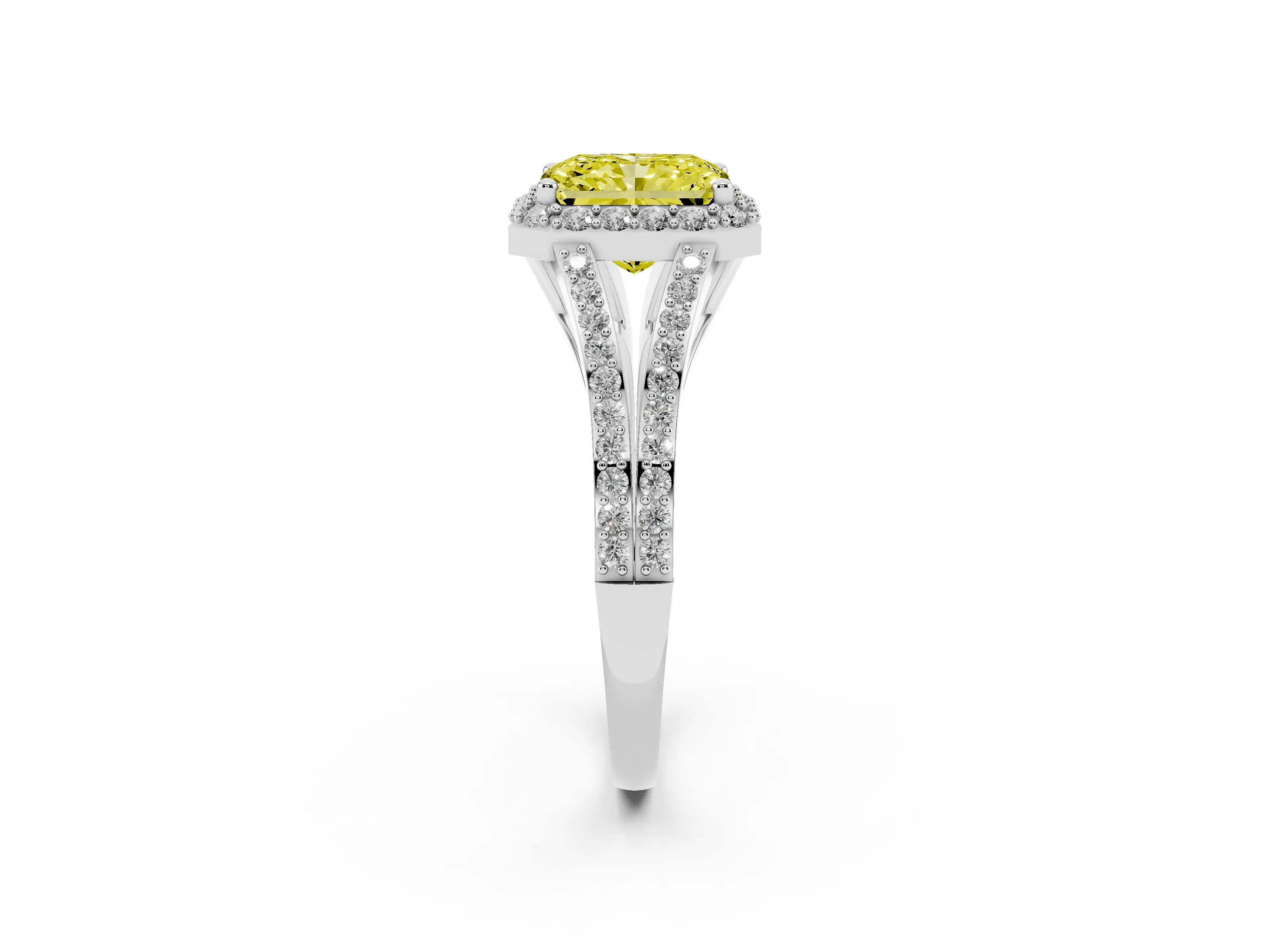Fancy Yellow Radiant Cut Diamond Halo Split Shank Pavé Ring Set in Silver with Prong Setting