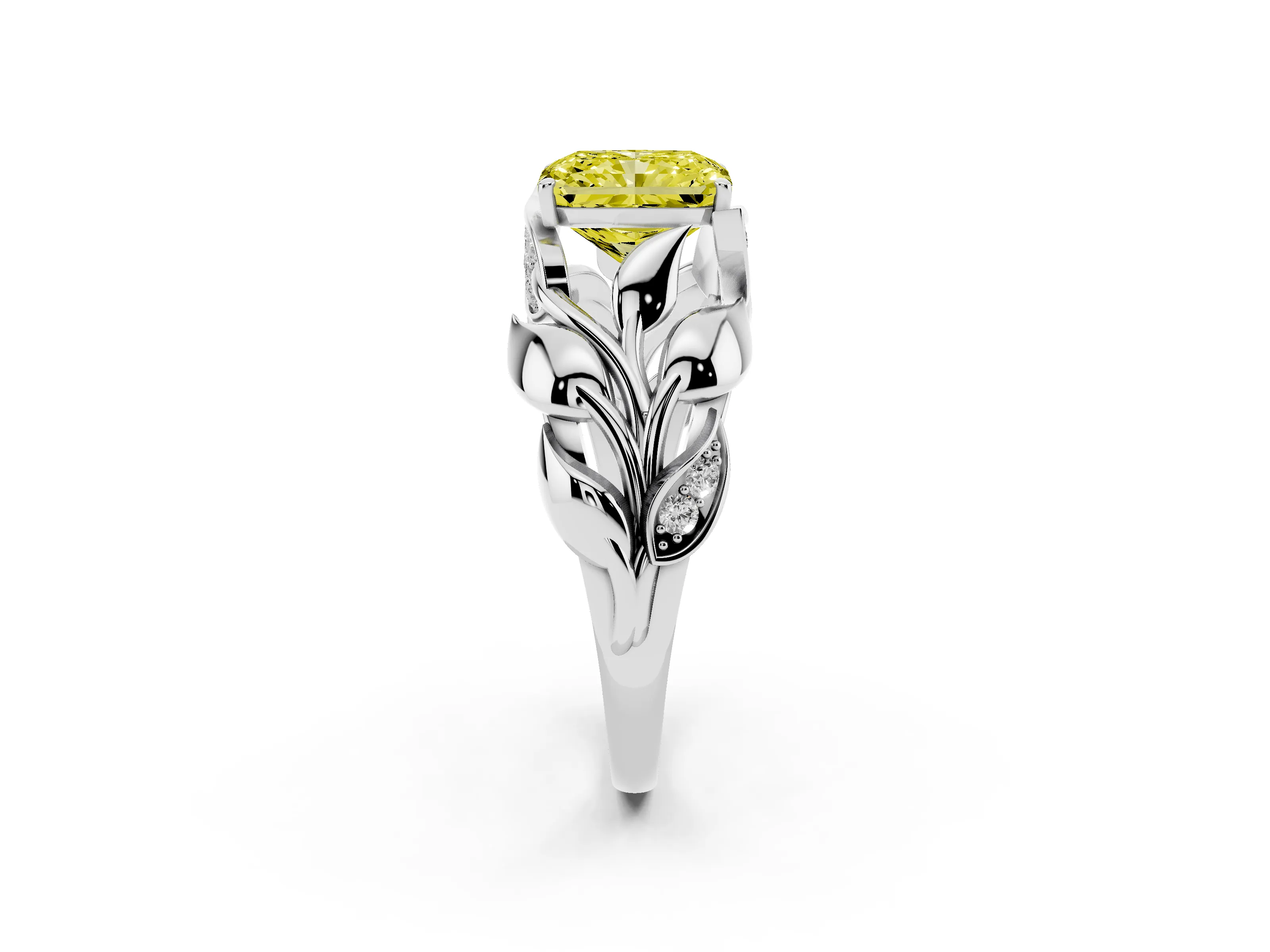 Fancy Yellow Radiant Cut Diamond Leaf-Inspired Engagement Ring Set in Platinum with Round Accents