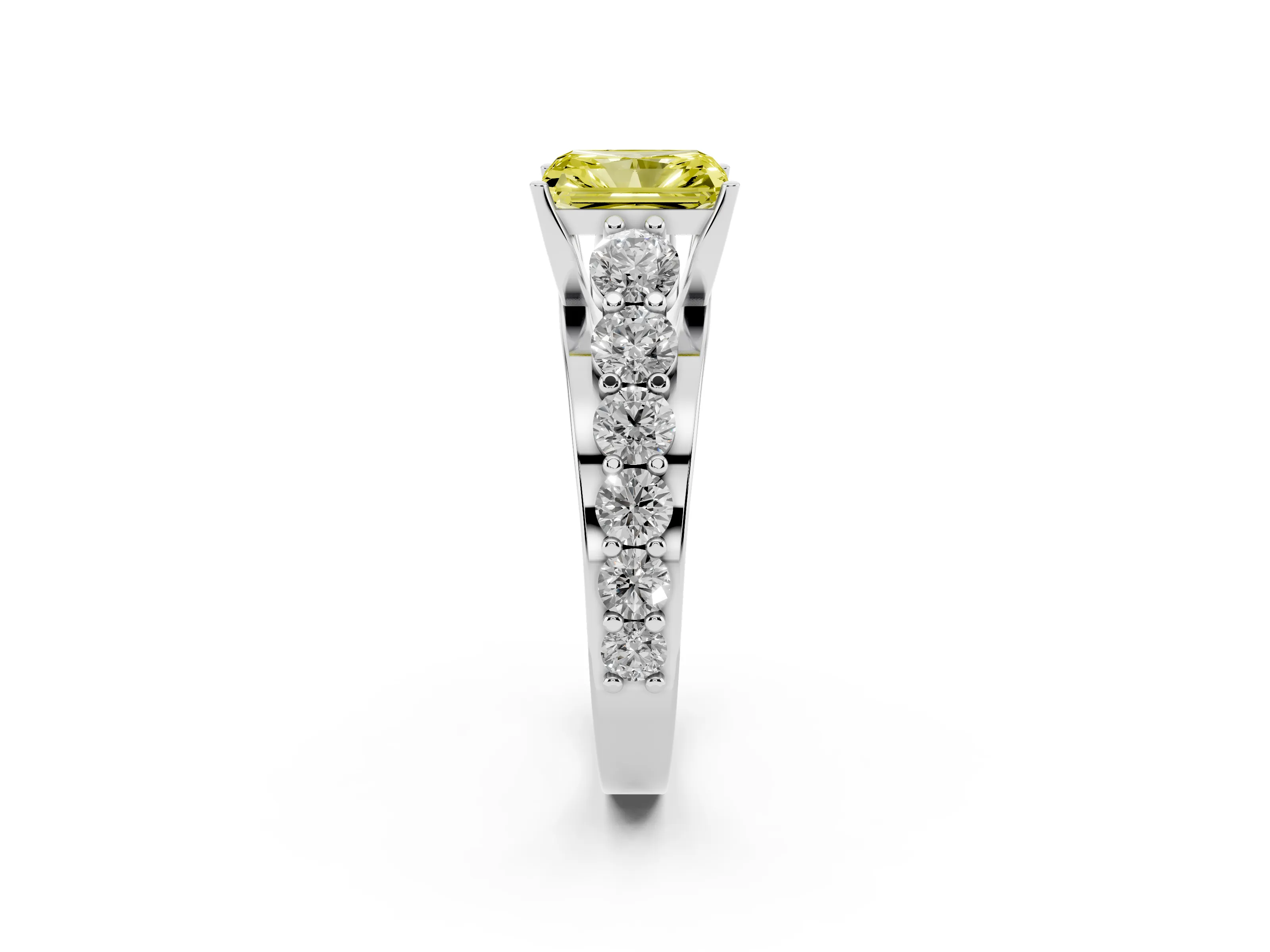 Fancy Yellow Radiant Cut Diamond Pavé Engagement Ring Set in Silver with Prong Setting