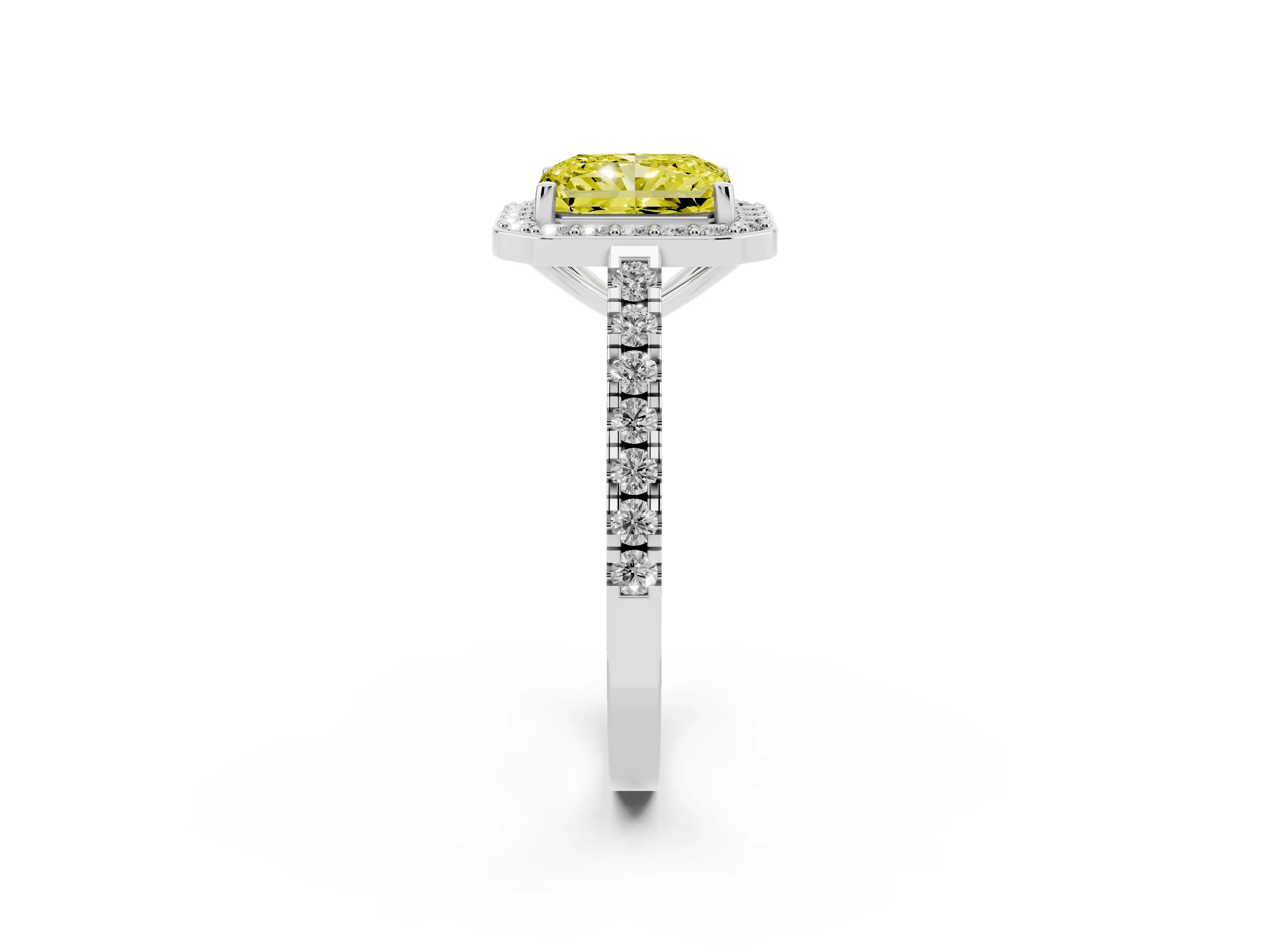 Fancy Yellow Radiant Cut Diamond Halo Ring Set in White gold with Round Pavé Split Shank and Prong Setting