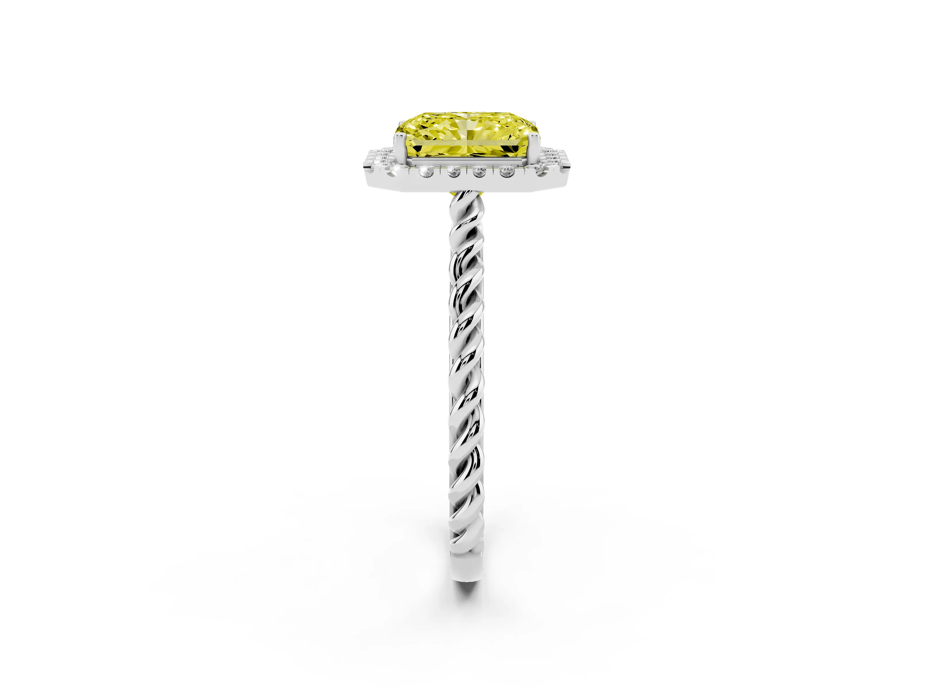 Fancy Yellow Radiant Cut Diamond Halo Ring Set in Platinum with Plain Twisted Band