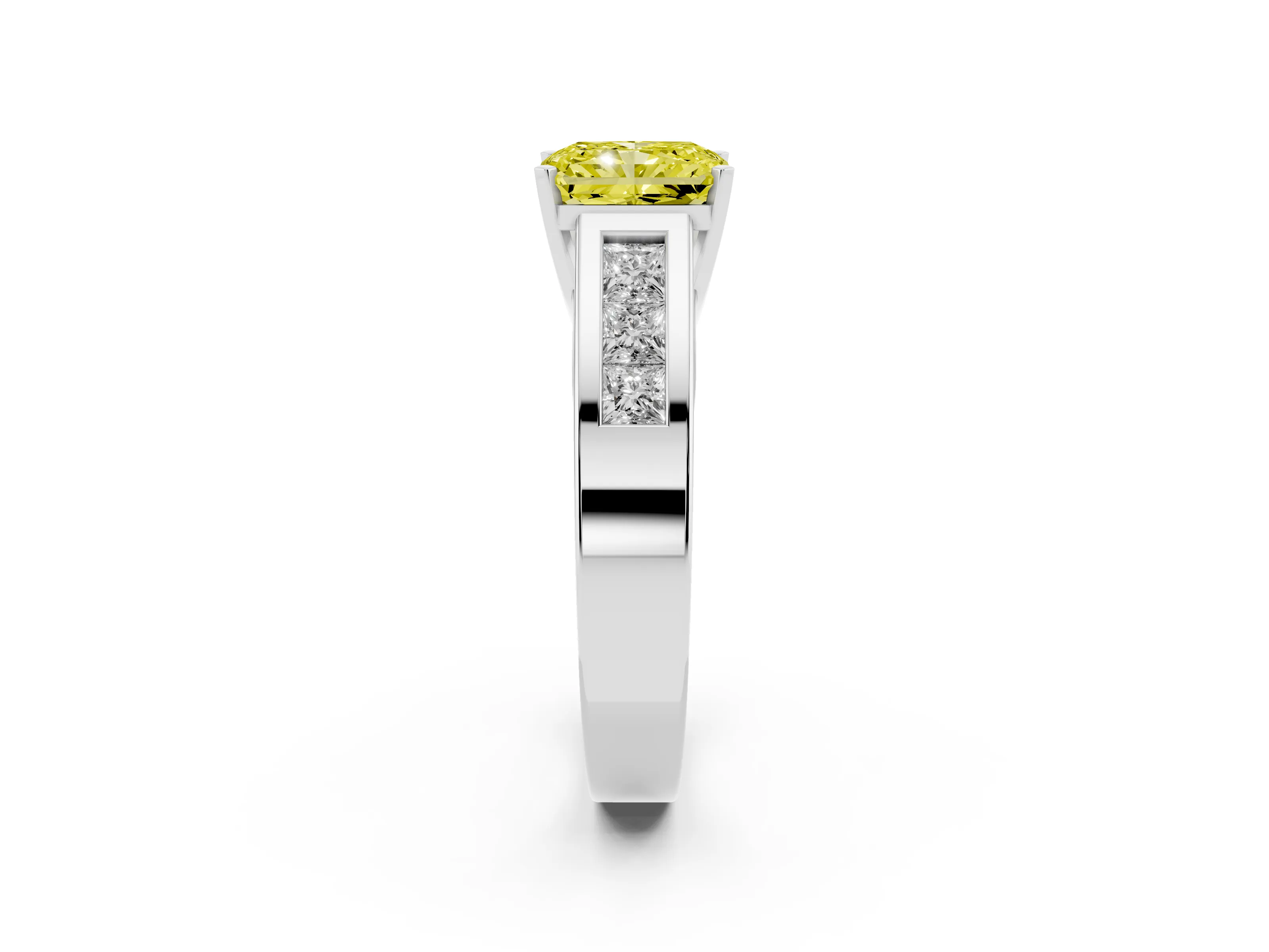 Fancy Yellow Radiant Cut Diamond Solitaire Ring Set in Silver with Channel-Set Accent Stones and Prong Setting