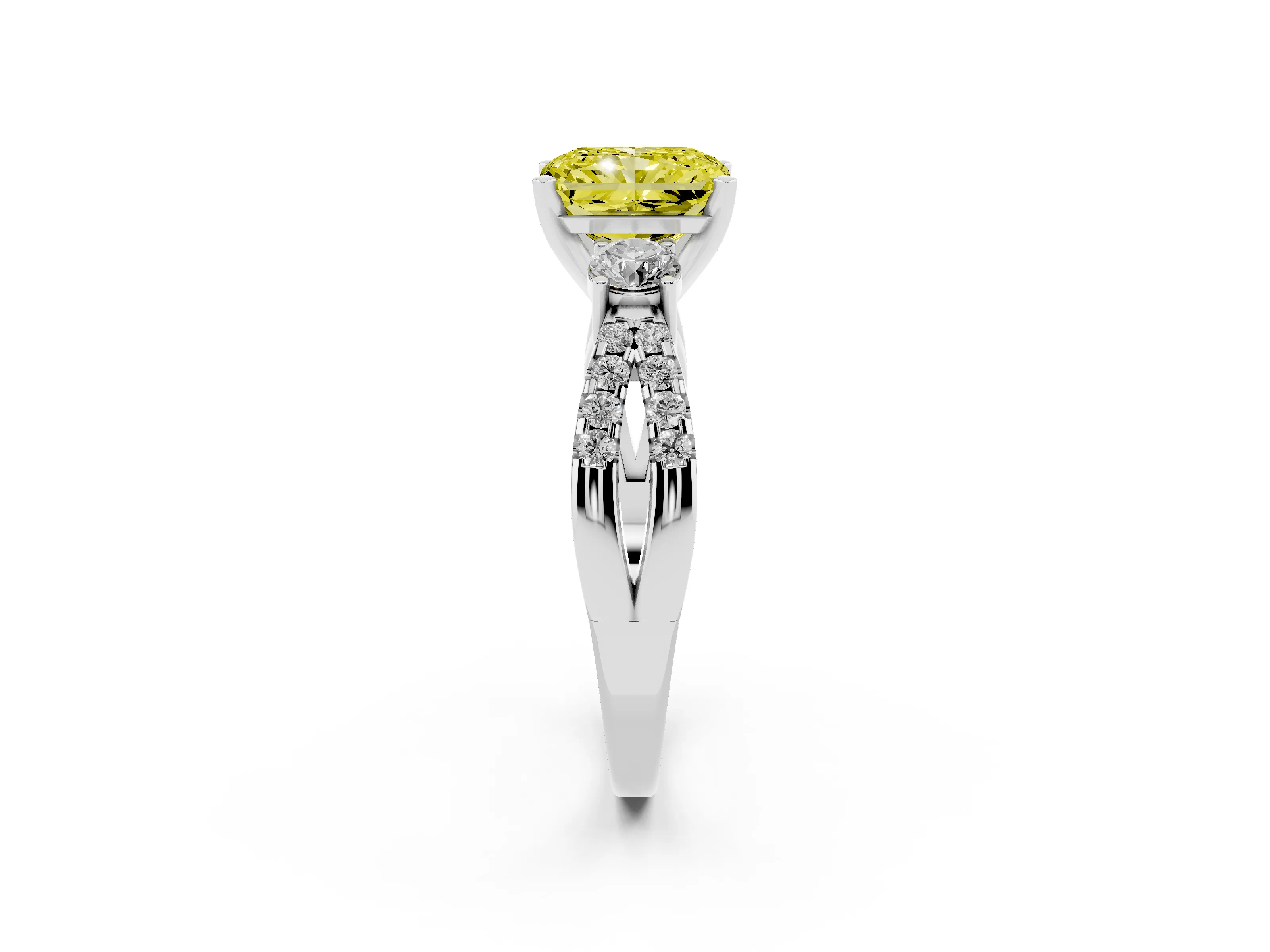 Fancy Yellow Radiant Cut Diamond Three-Stone Ring Set in Silver with Pavé Split Shank and Prong Setting